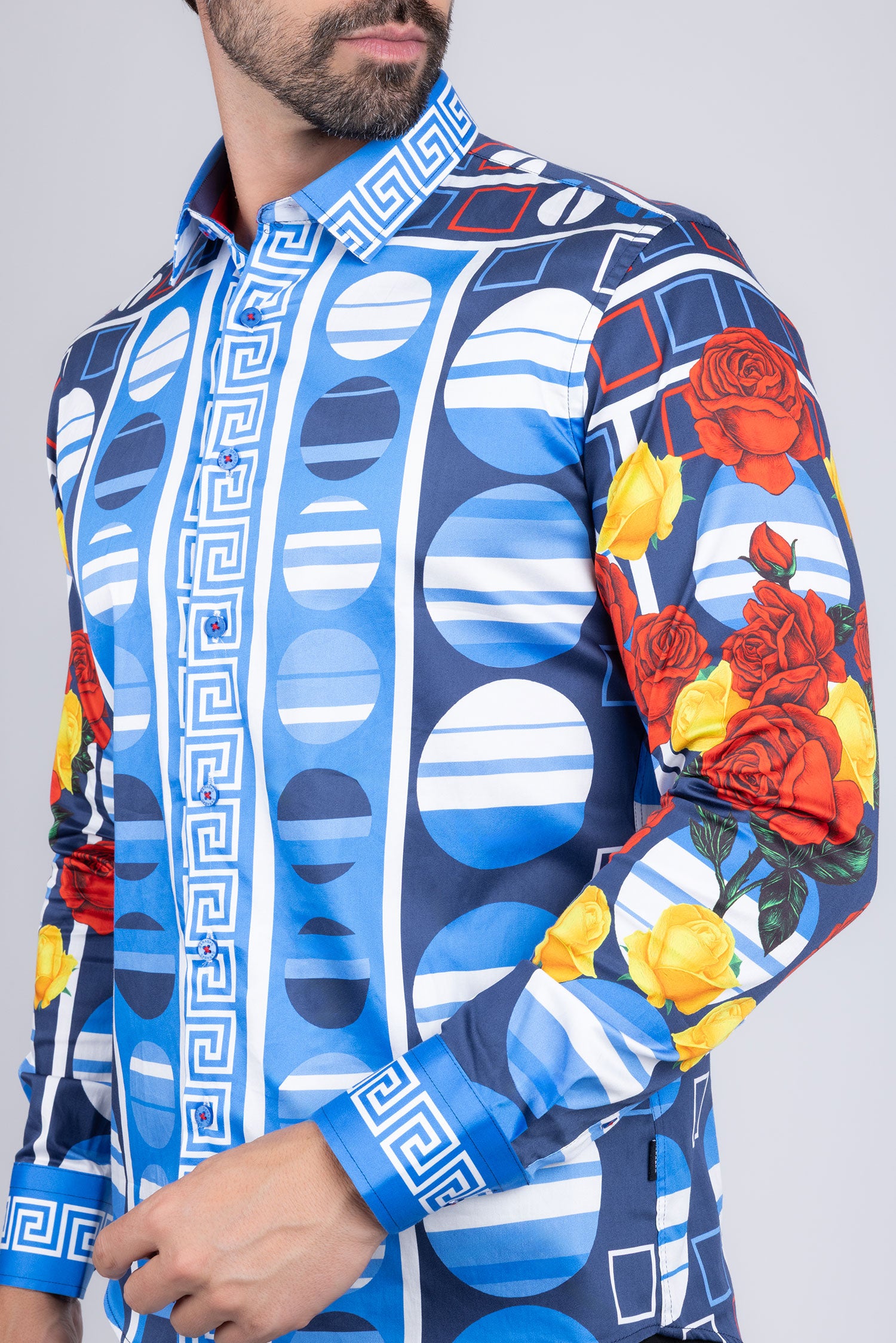 Barabas Men's Rhinestone Floral Geometric Long Sleeve Shirt SPR235 Blue