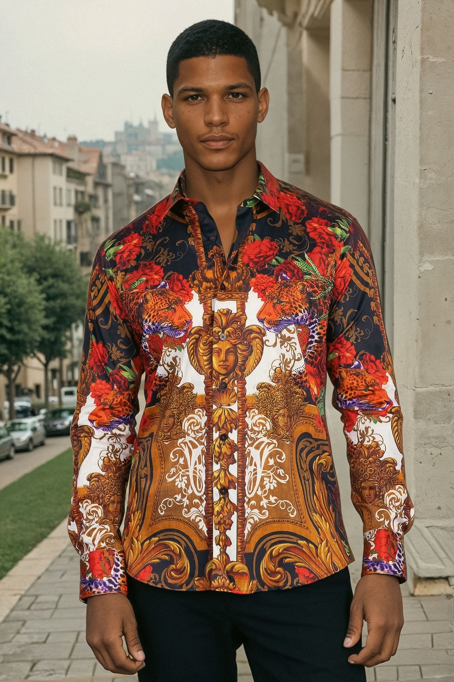 Barabas Men's Rhinestone Medusa Floral Prints Long Sleeve Shirt SPR262 Black