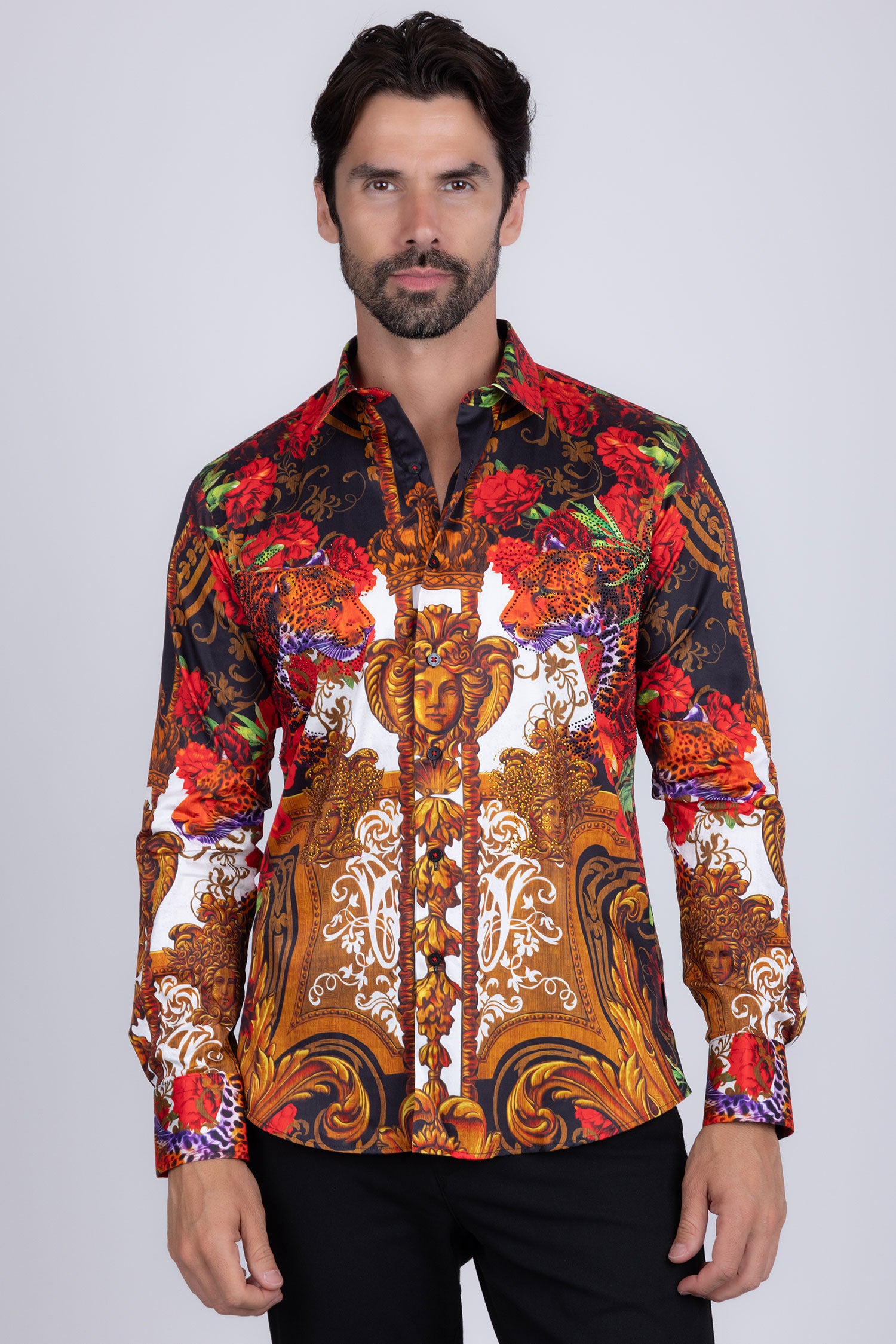 Barabas Men's Rhinestone Medusa Floral Prints Long Sleeve Shirt SPR262 Black