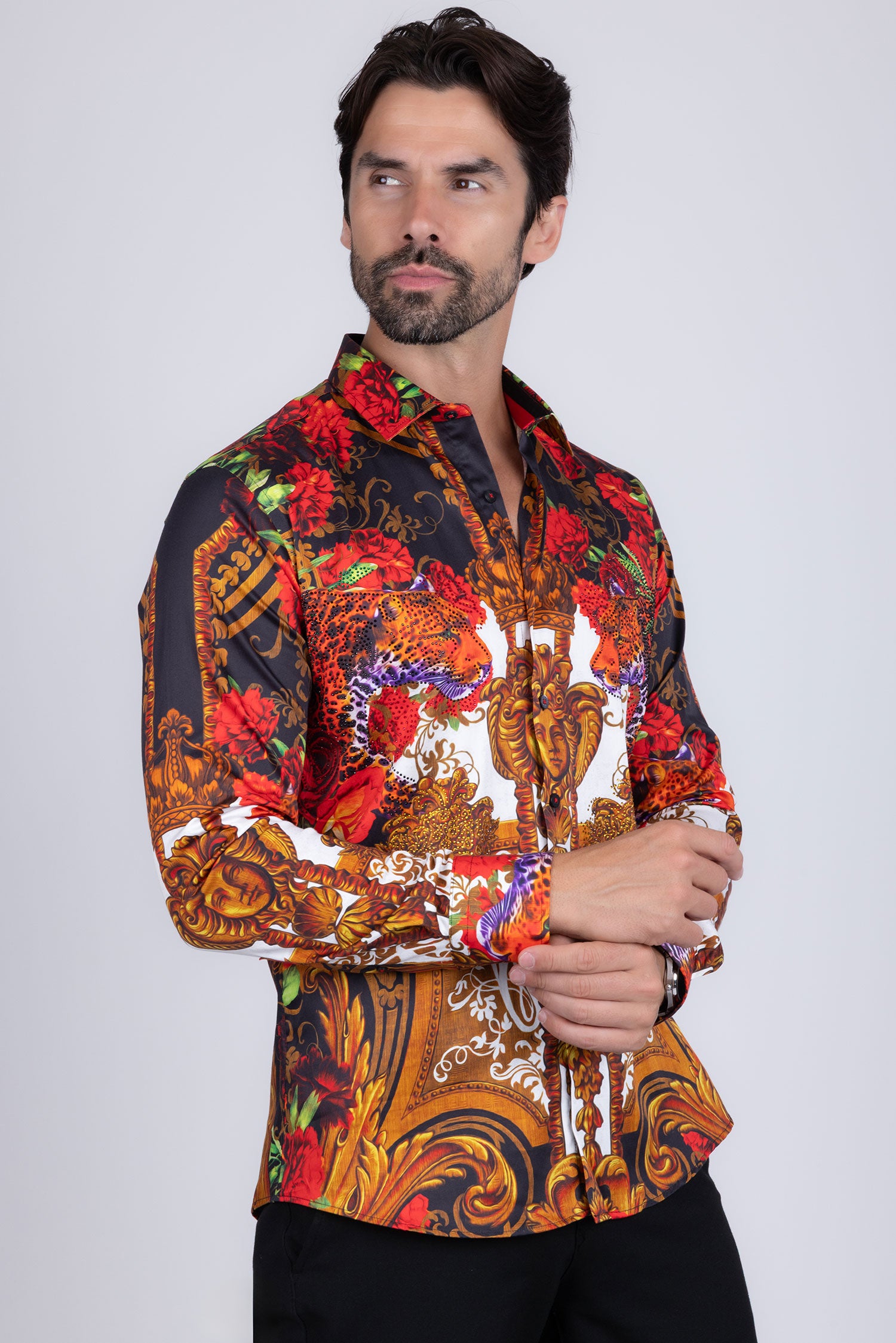 Barabas Men's Rhinestone Medusa Floral Prints Long Sleeve Shirt SPR262 Red