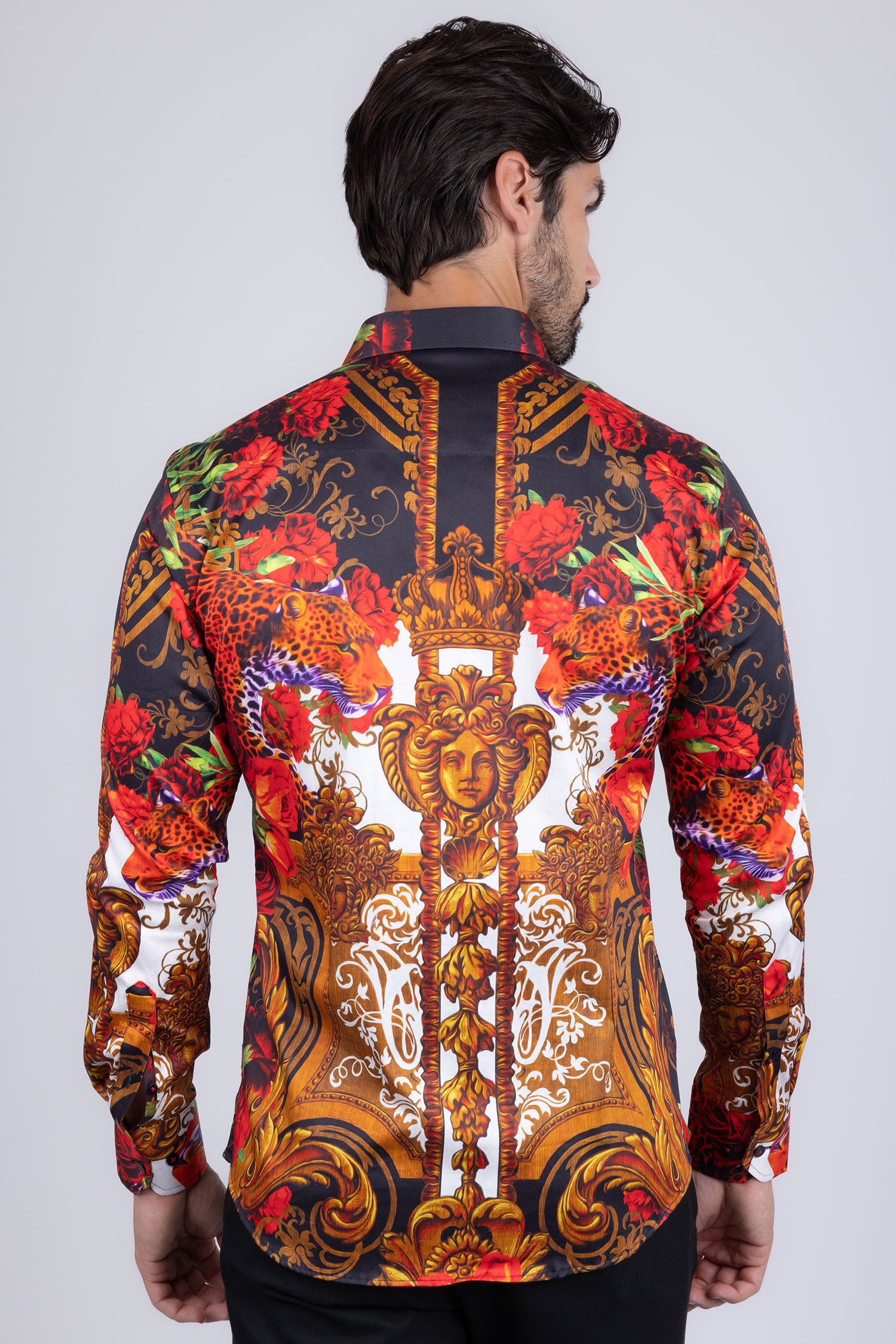Barabas Men's Rhinestone Medusa Floral Prints Long Sleeve Shirt SPR262 Rust