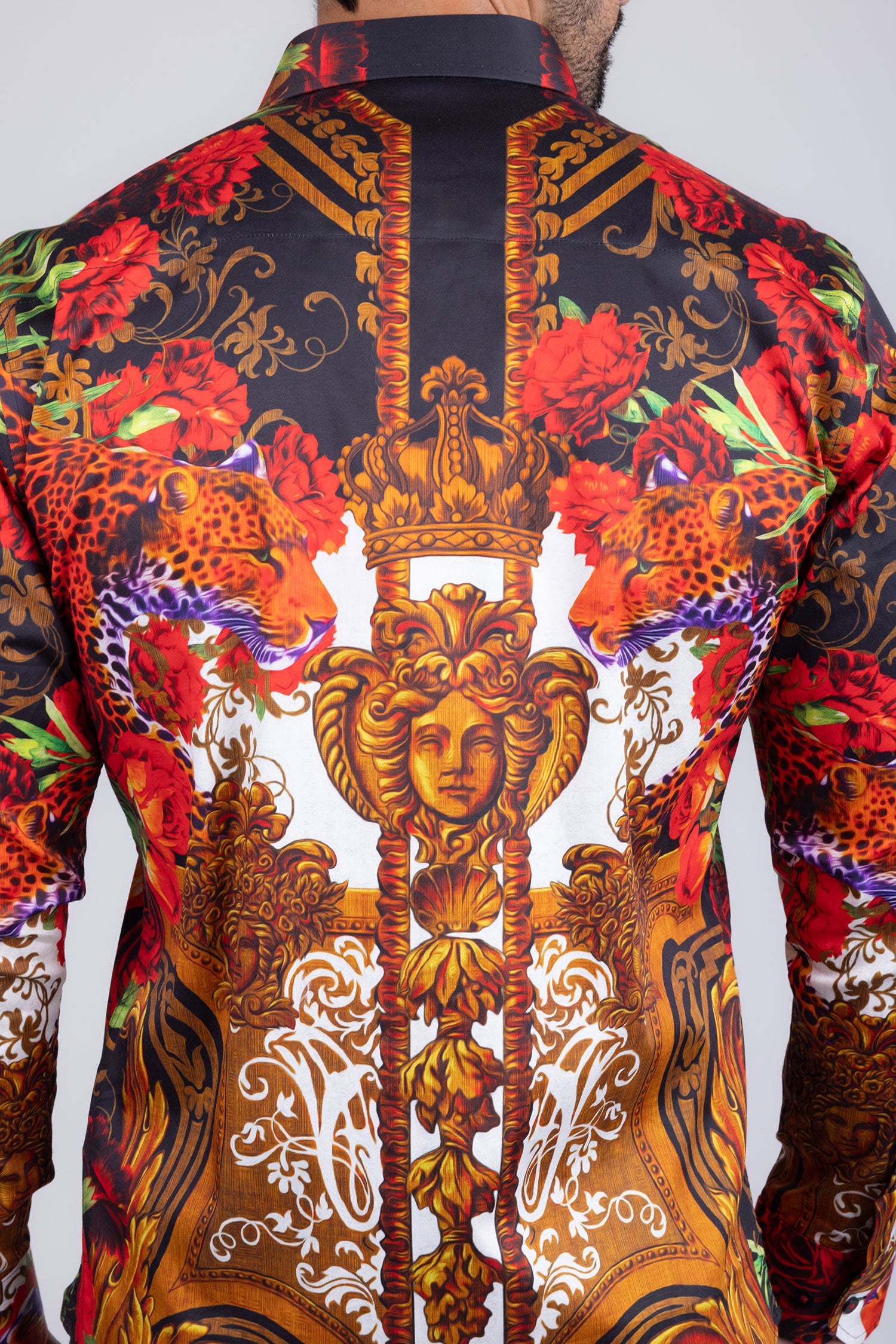 Barabas Men's Rhinestone Medusa Floral Prints Long Sleeve Shirt SPR262 Brown