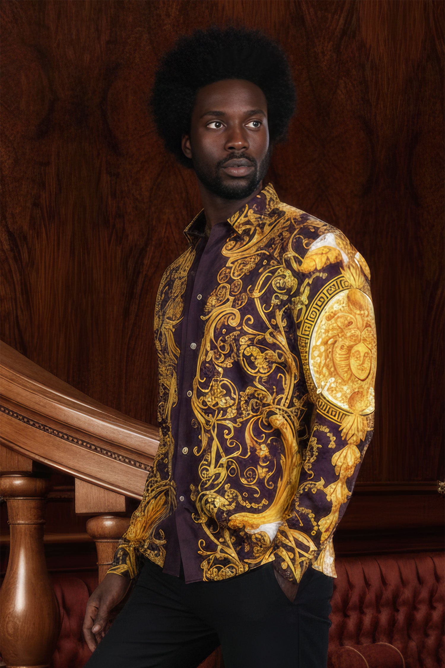BARABAS Men Medusa Floral Print Design Button Down Luxury Shirt SPR265 Brown