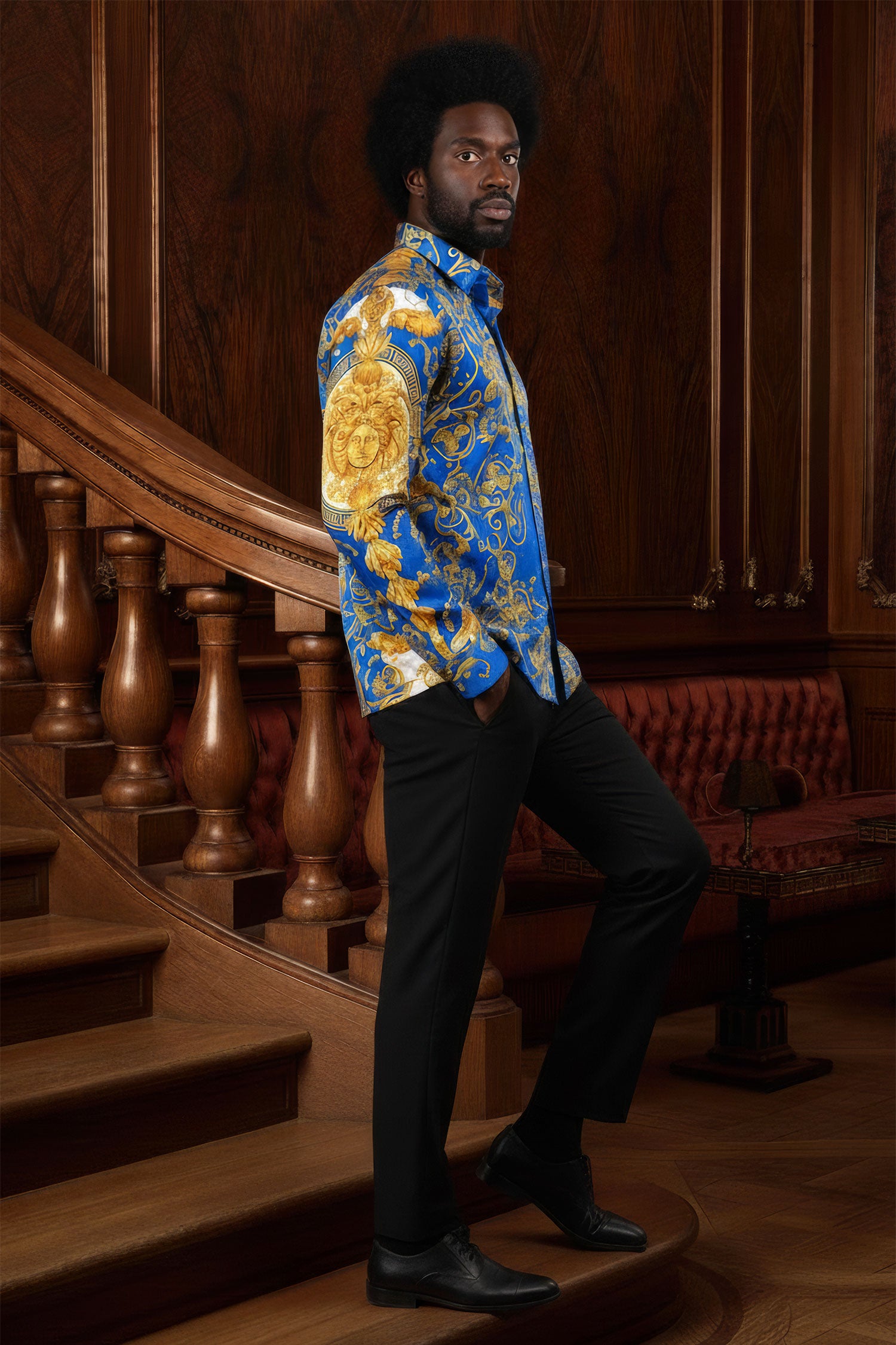 BARABAS Men Medusa Floral Print Design Button Down Luxury Shirt SPR265 Royal Blue