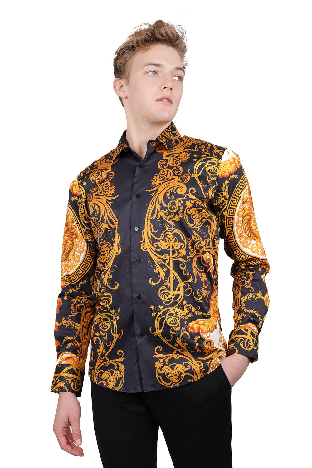 BARABAS Men Medusa Floral Print Design Button Down Luxury Shirt SPR265 Black