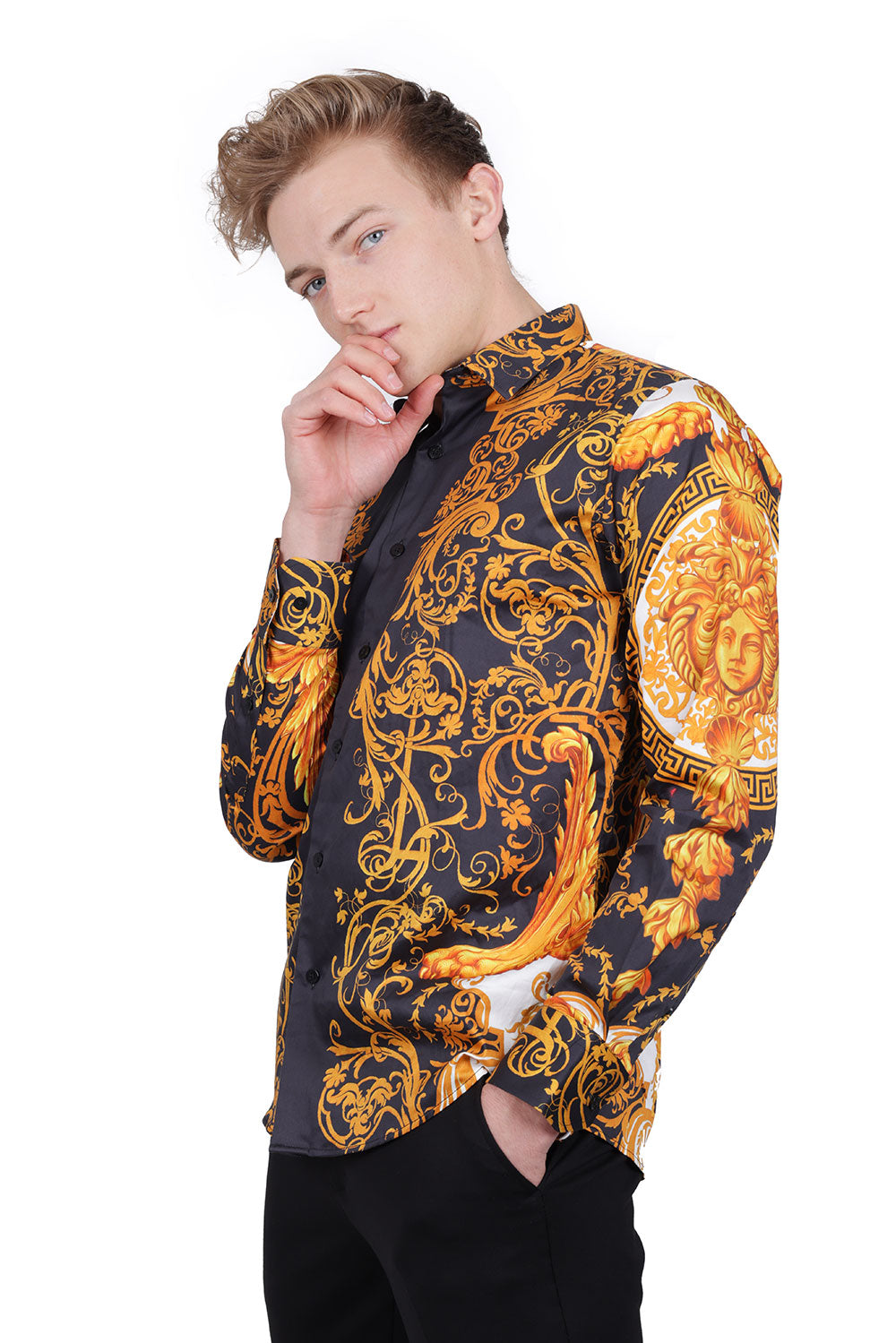 BARABAS Men Medusa Floral Print Design Button Down Luxury Shirt SPR265 Black
