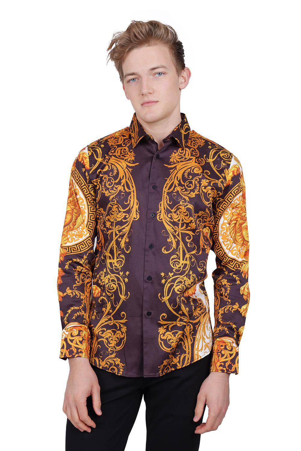 BARABAS Men Medusa Floral Print Design Button Down Luxury Shirt SPR265 Brown