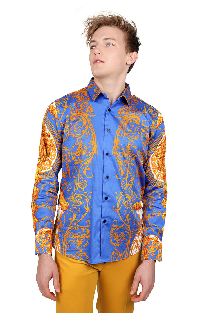 BARABAS Men Medusa Floral Print Design Button Down Luxury Shirt SPR265 Royal