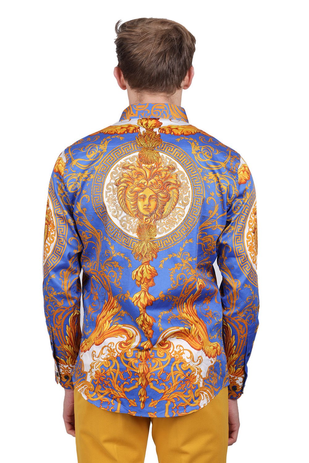 BARABAS Men Medusa Floral Print Design Button Down Luxury Shirt SPR265 Royal