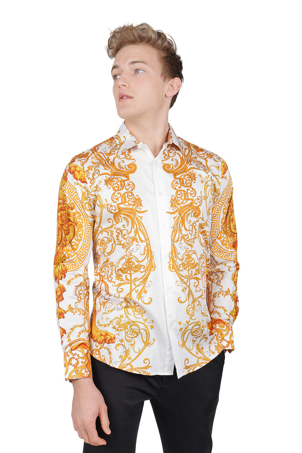 BARABAS Men Medusa Floral Print Design Button Down Luxury Shirt SPR265 White