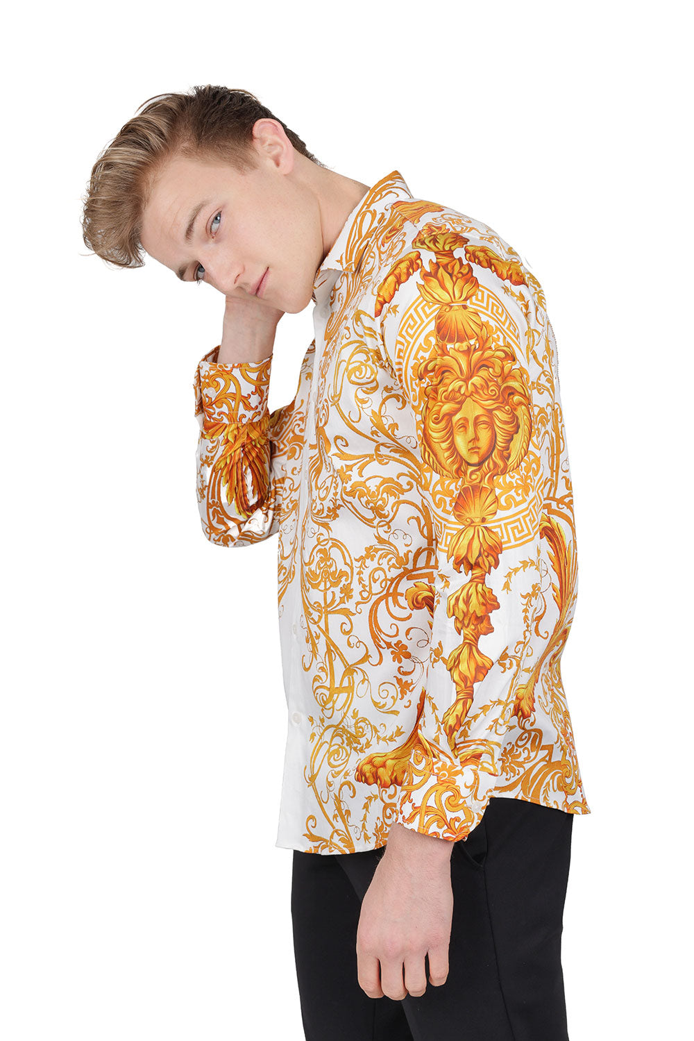 BARABAS Men Medusa Floral Print Design Button Down Luxury Shirt SPR265 White