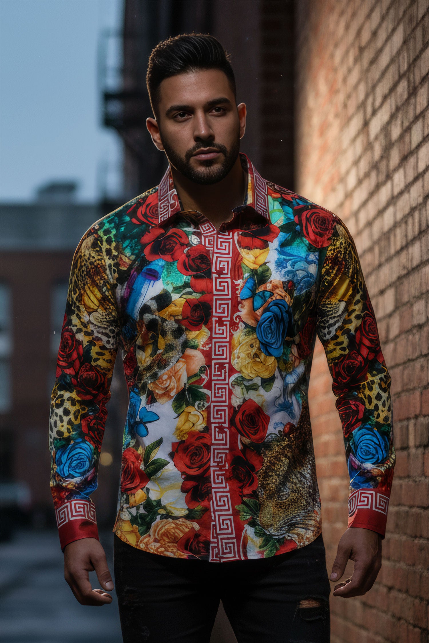 BARABAS Men's Rhinestone Baroque Greek Pattern Floral Shirts SPR609