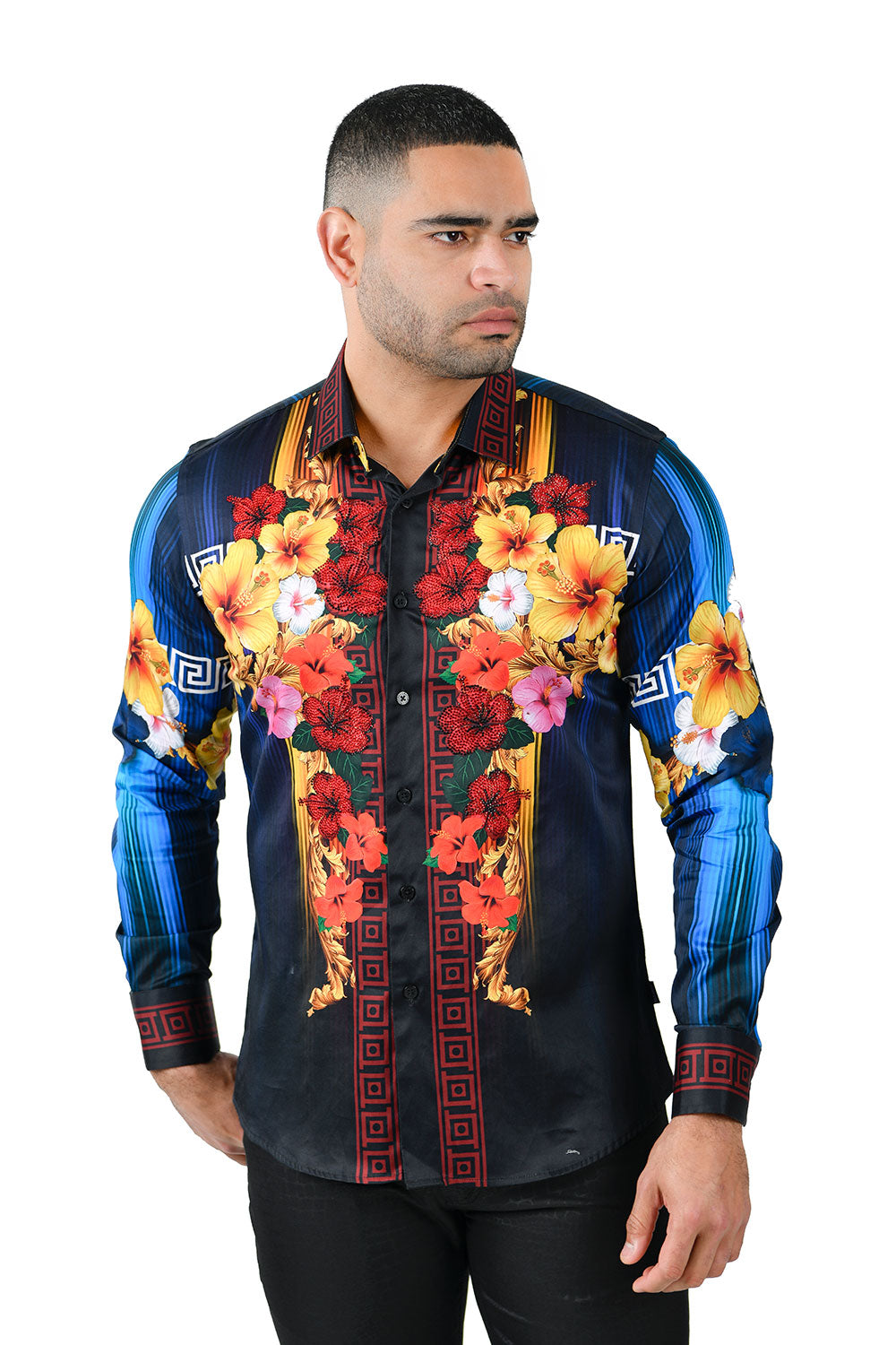 BARABAS Men's Rhinestone Floral Tiger Greek Pattern shirts SPR612 navy