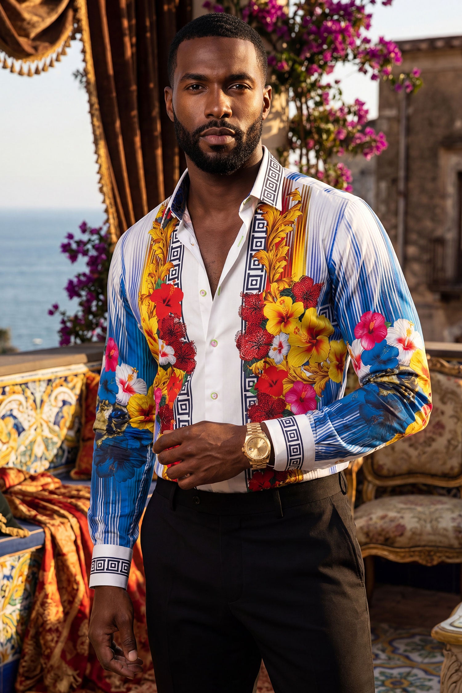 BARABAS Men's Rhinestone Floral Tiger Greek Pattern shirts SPR612 White Blue