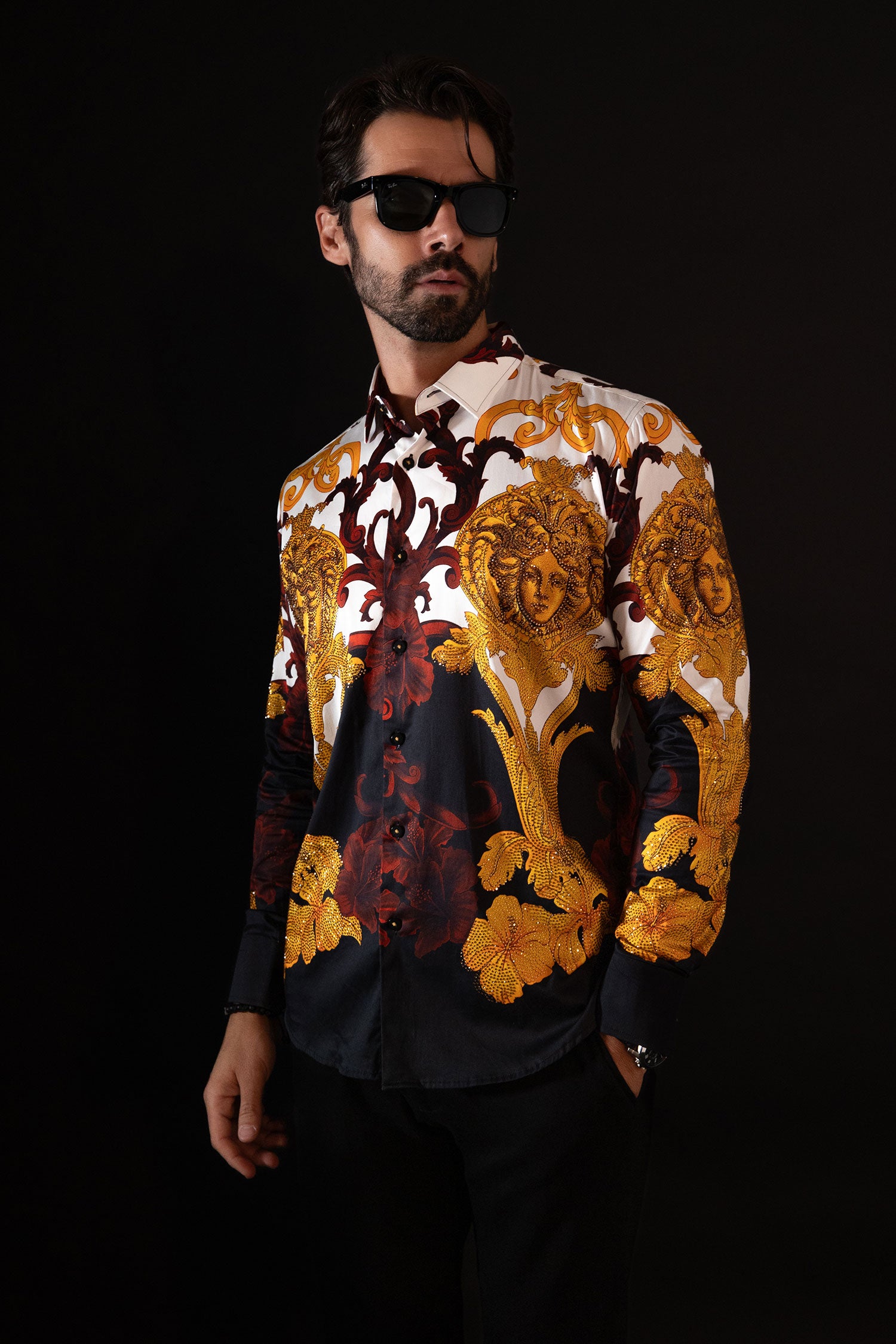 Barabas Men's Rhinestone Medusa Baroque Long Sleeve Shirt SPR950 Black
