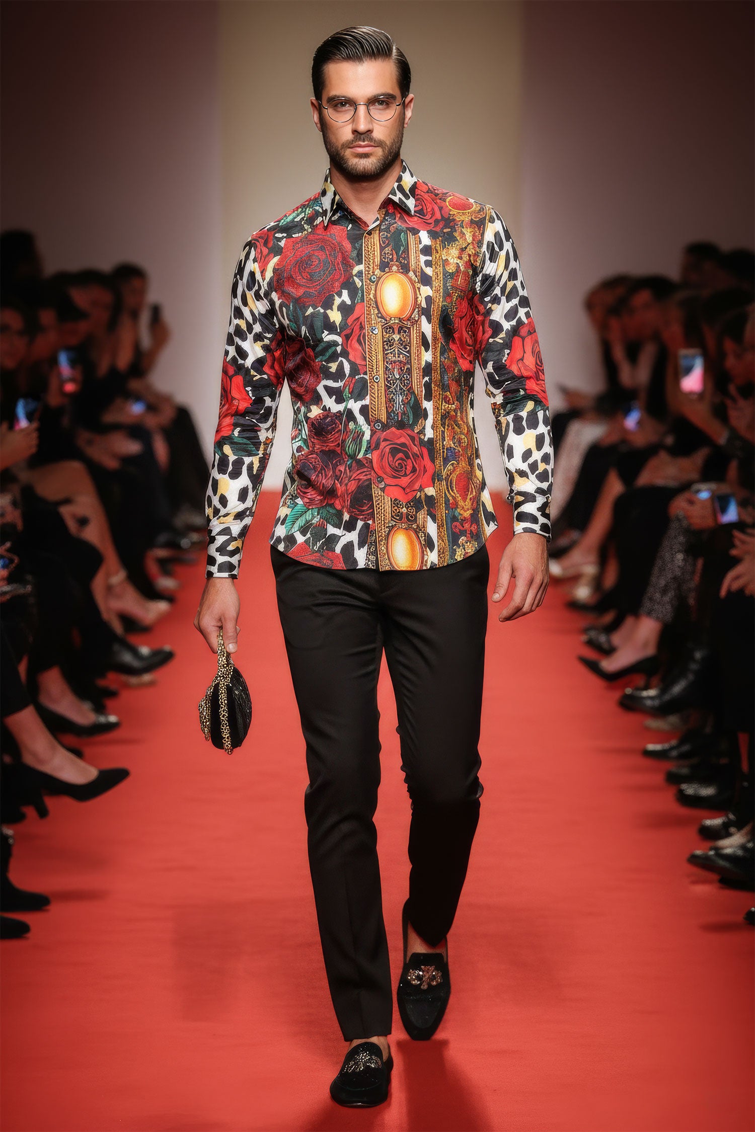 BARABAS men's Rhinestone Floral Leopard Long Sleeve Shirts SPR964 Multi