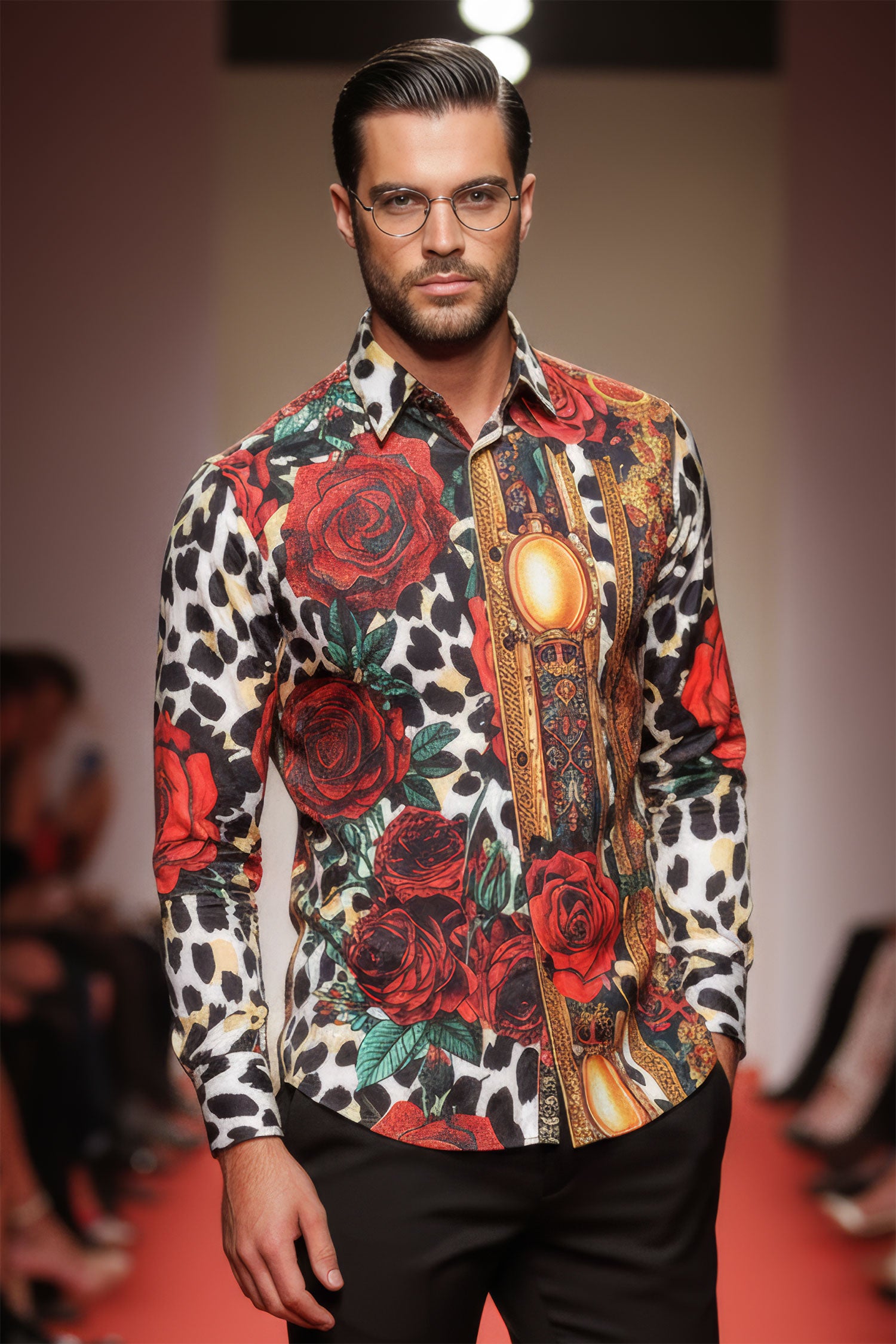 BARABAS men's Rhinestone Floral Leopard Long Sleeve Shirts SPR964 Multi