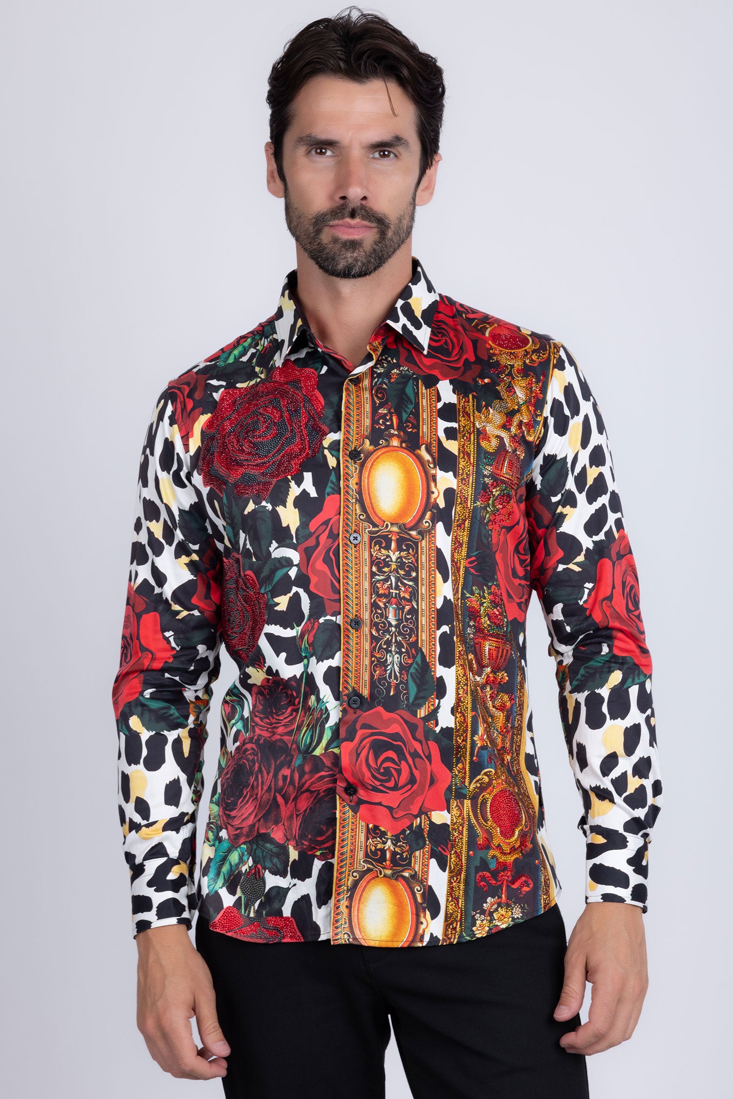 BARABAS men's Rhinestone Floral Leopard Long Sleeve Shirts SPR964 Multi