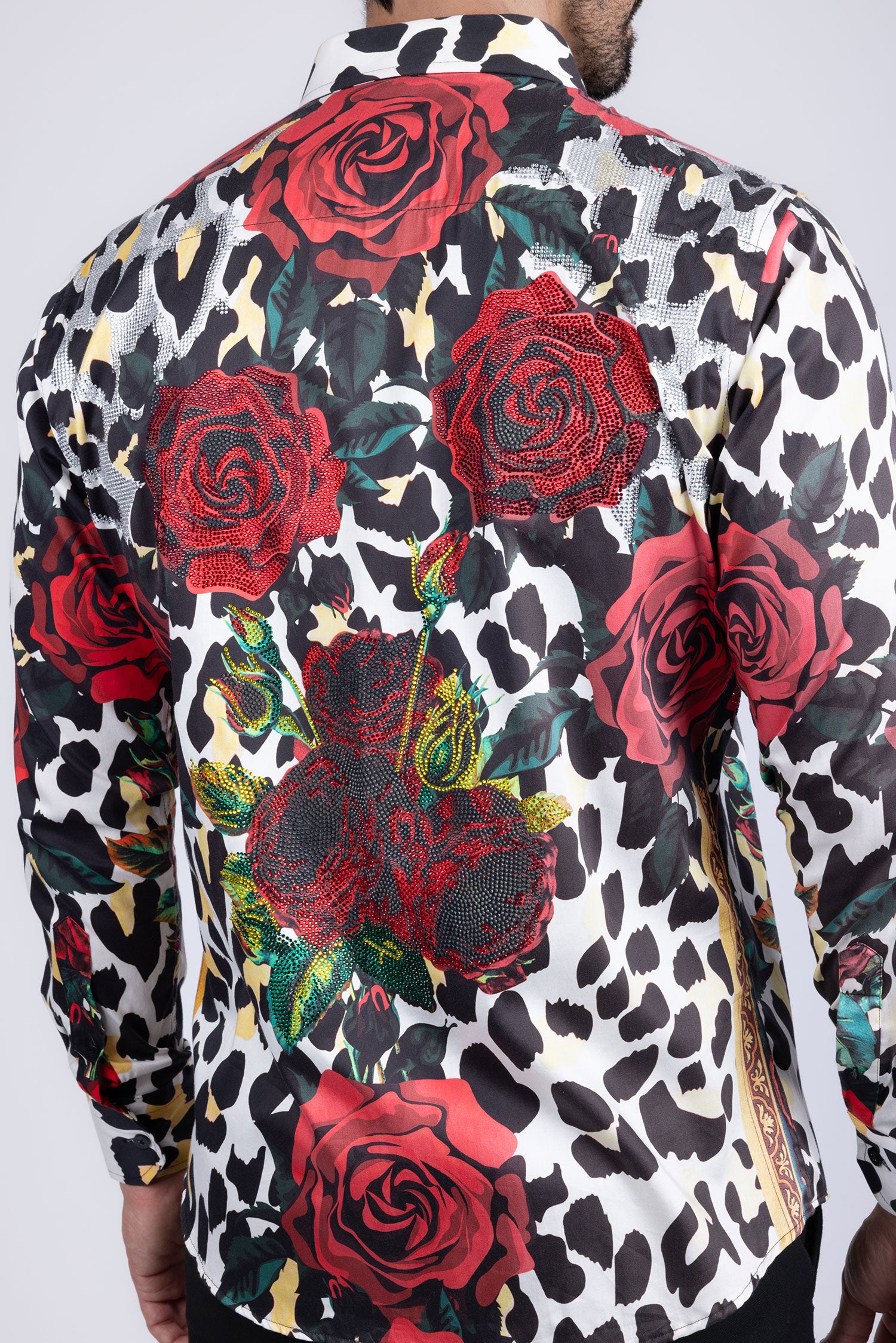 BARABAS men's Rhinestone Floral Leopard Long Sleeve Shirts SPR964 Multi