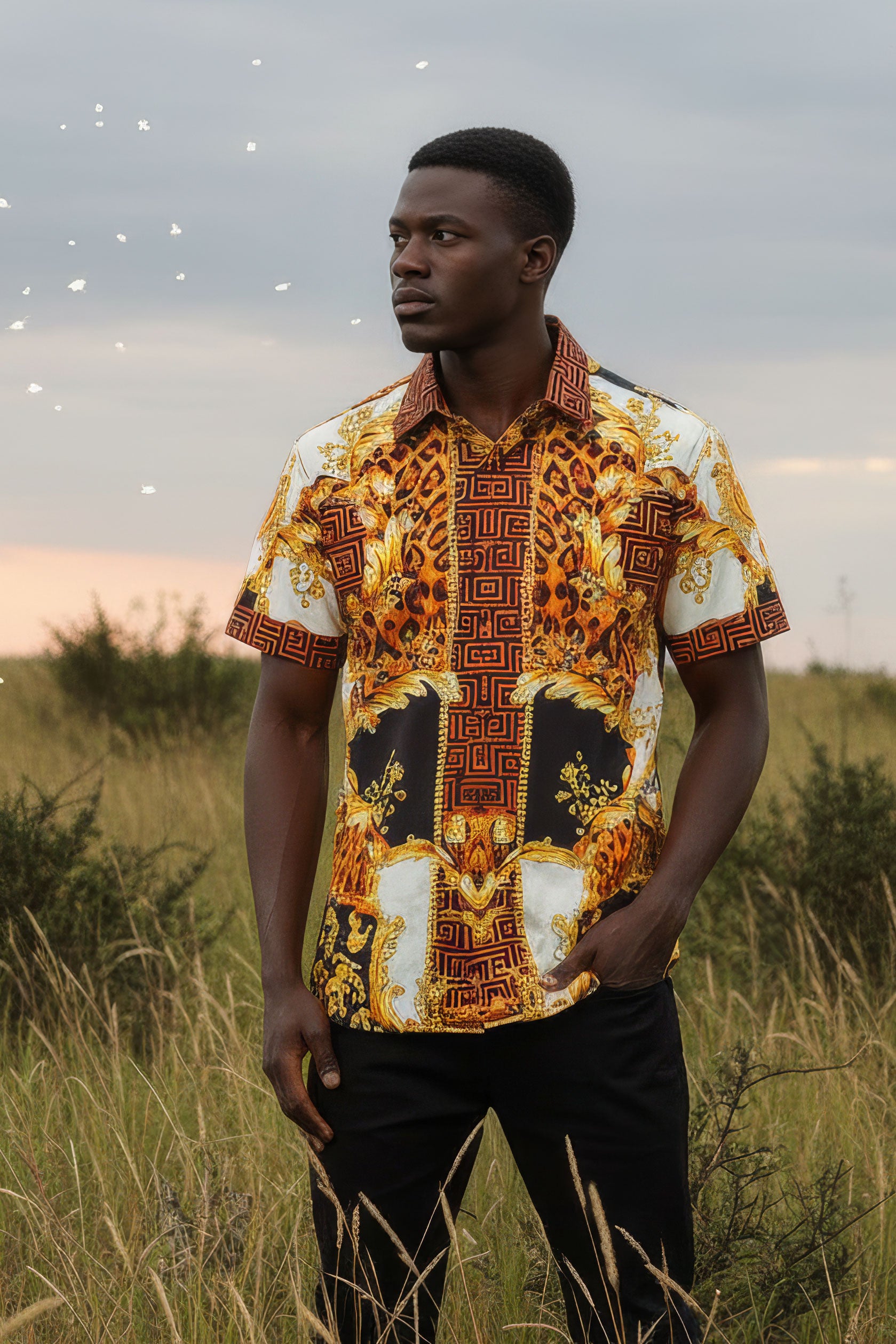 BARABAS Men's Medusa Greek Pattern Leopard Short Sleeve Shirt SS01 Gold
