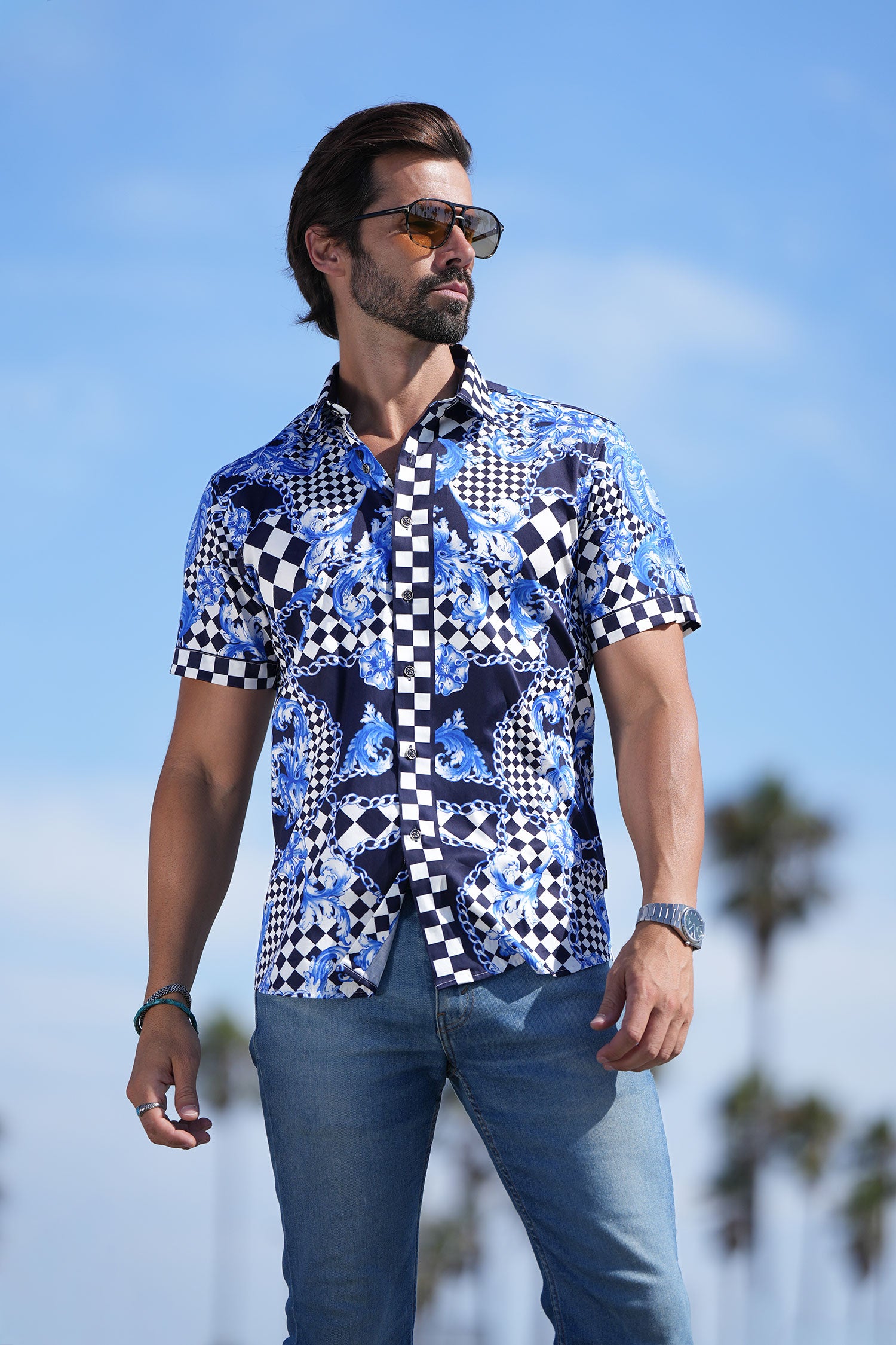 BARABAS Men's checkered chain graphic short sleeve shirt SS02 blue