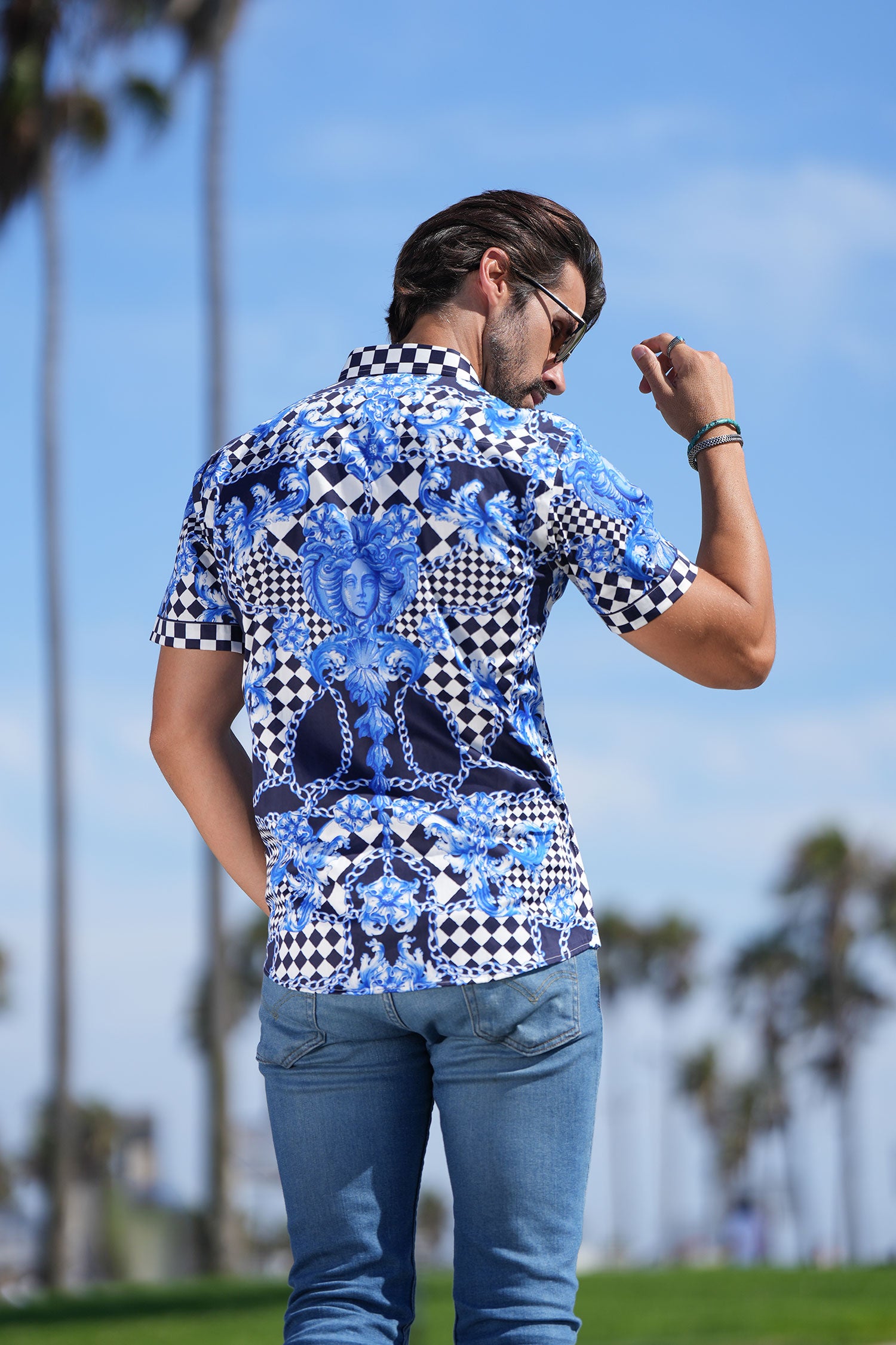 BARABAS Men's checkered chain graphic short sleeve shirt SS02 blue