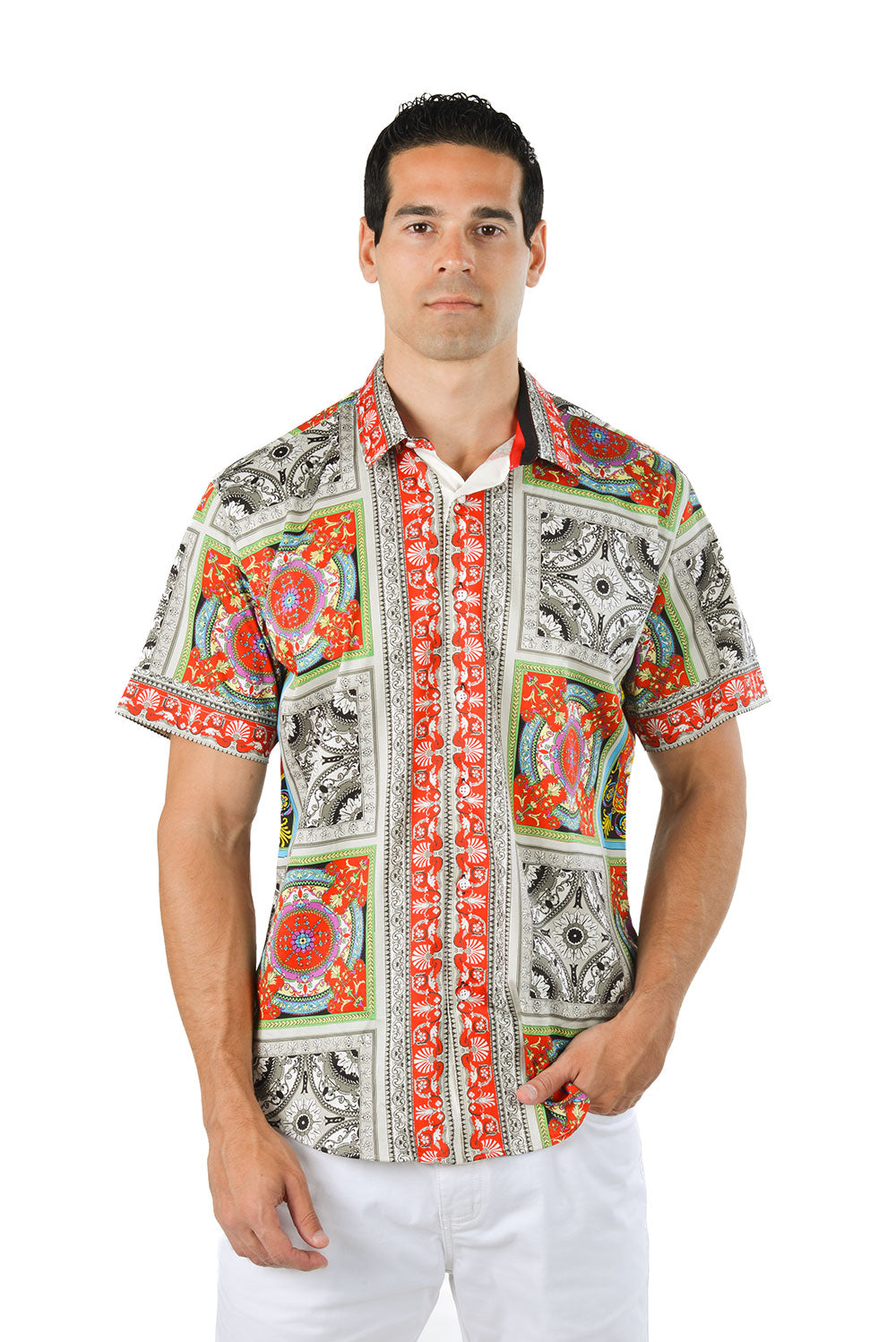 Barabas Men's Baroque Medusa Floral Short Sleeve Shirts SS13 Red