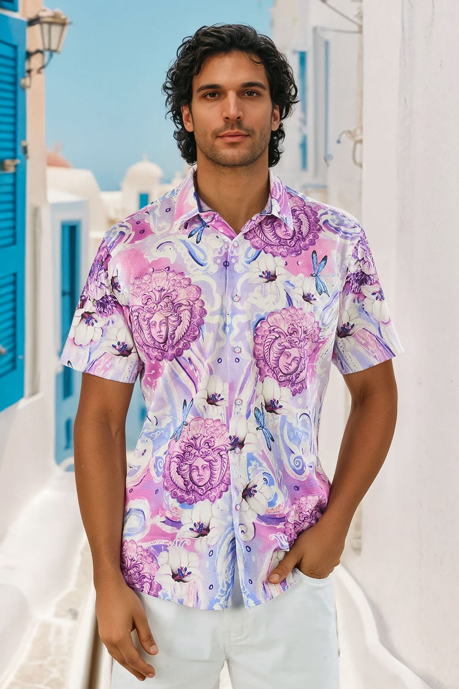 BARABAS Men's Medusa Paisley Floral Short Sleeve Shirt SS19