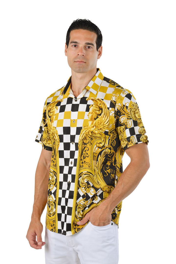 Barabas Men's Baroque Checkered Plaid Short Sleeve Shirts SS20 Gold