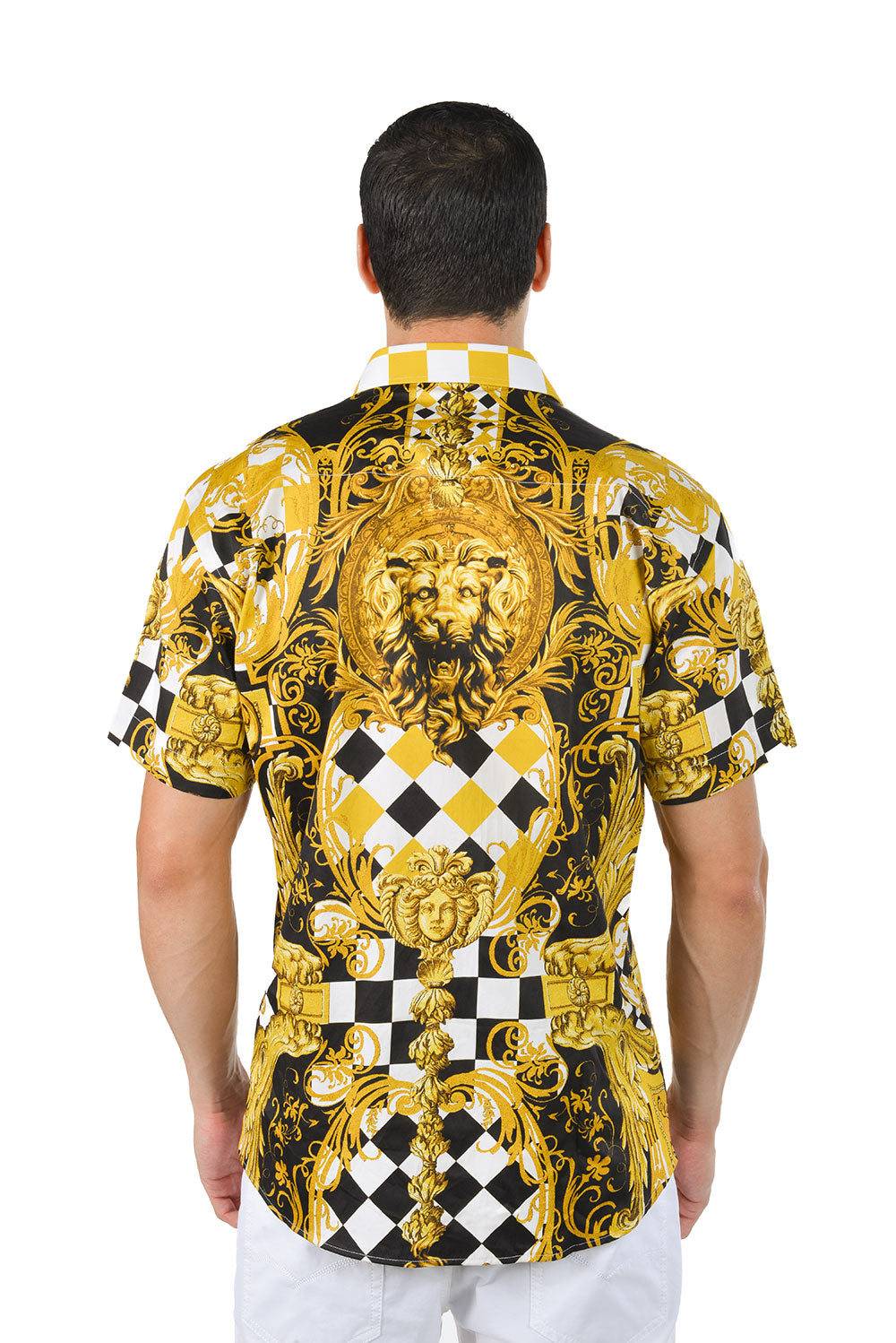 Barabas Men's Baroque Checkered Plaid Short Sleeve Shirts SS20 Gold
