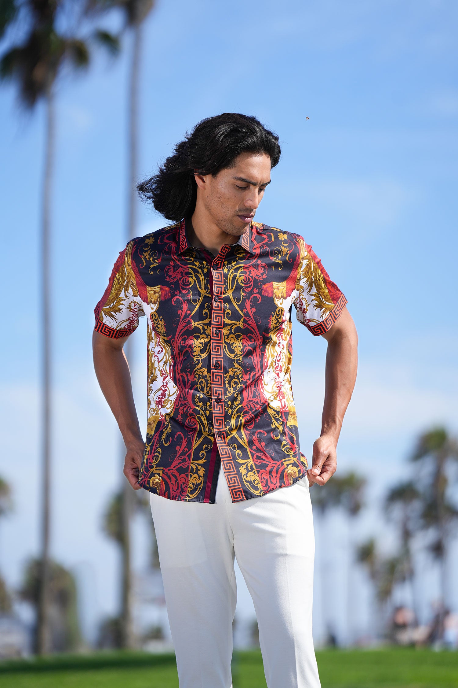 Barabas Men's Greek Pattern Rhinestone Short Sleeve Shirts SSP600 Red
