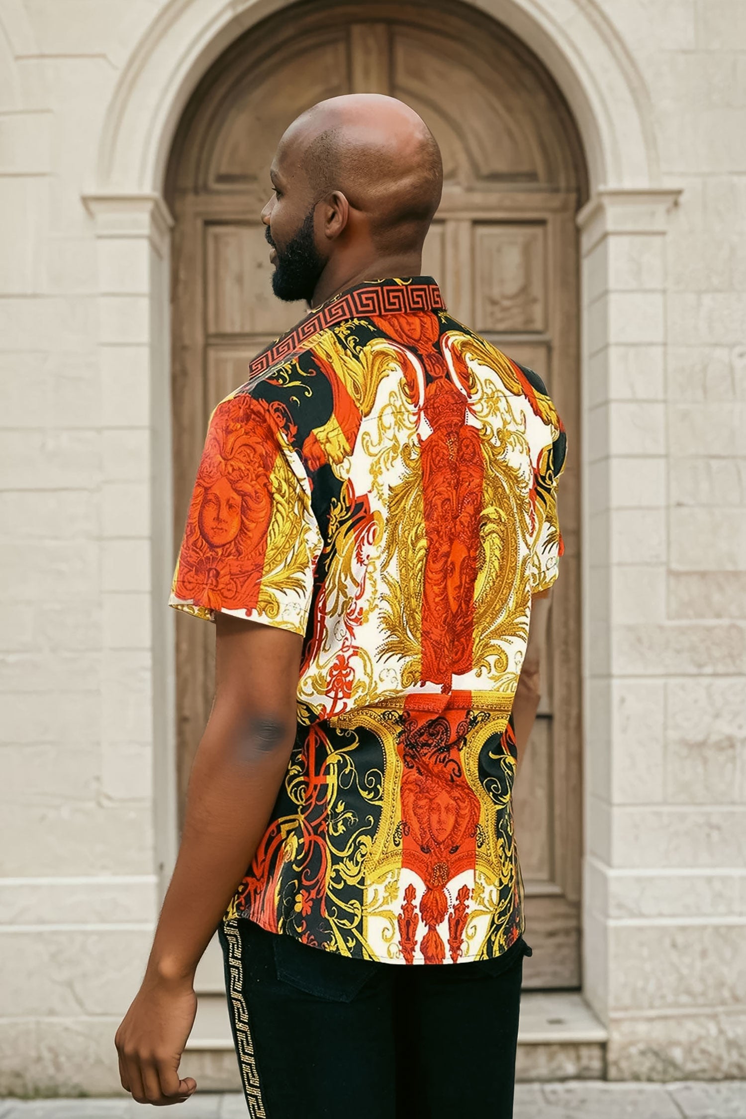 Barabas Men's Greek Pattern Rhinestone Short Sleeve Shirts SSP600 Red
