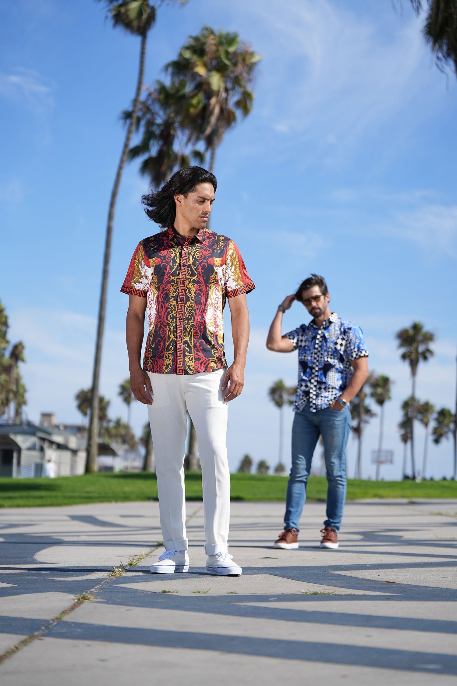 Barabas Men's Greek Pattern Rhinestone Short Sleeve Shirts SSP600 Red