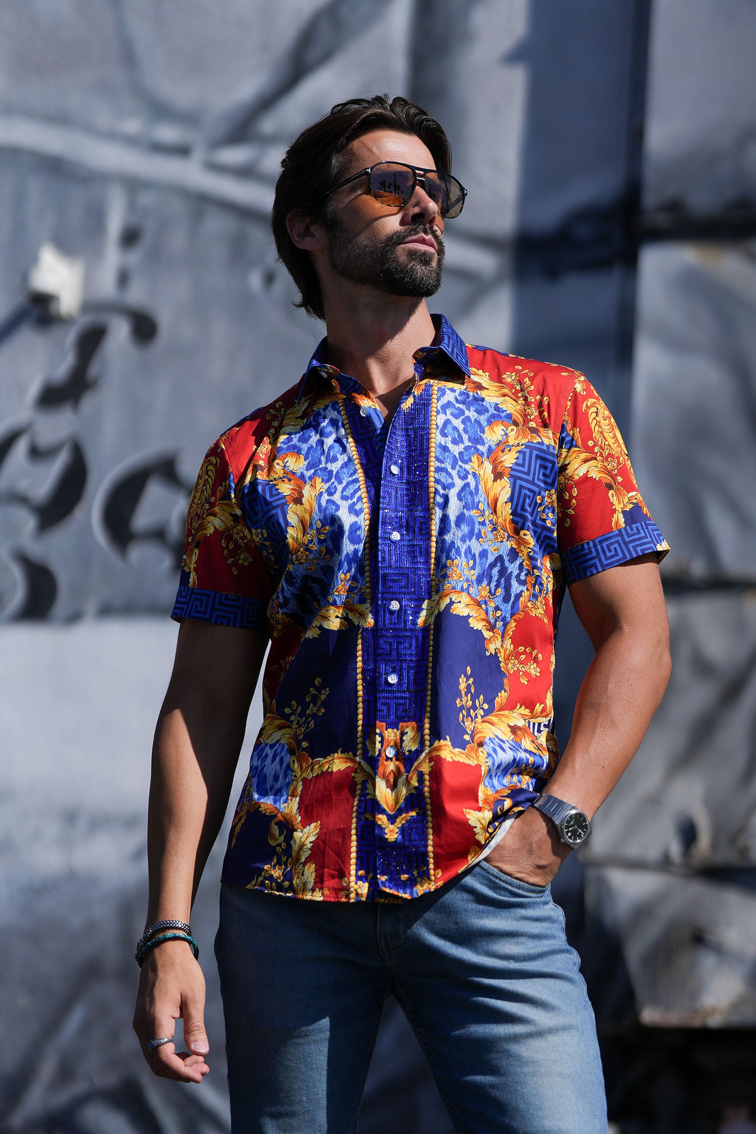BARABAS Men's Floral Greek Pattern Baroque Short Sleeve Shirt SSR01 Blue Red