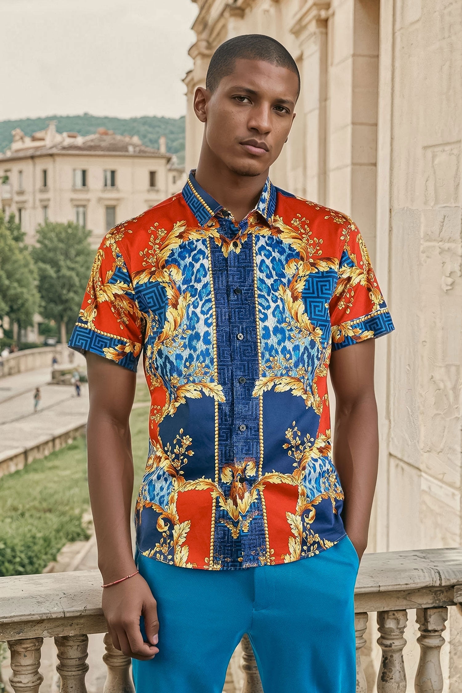 BARABAS Men's Floral Greek Pattern Baroque Short Sleeve Shirt SSR01 Gold Blue