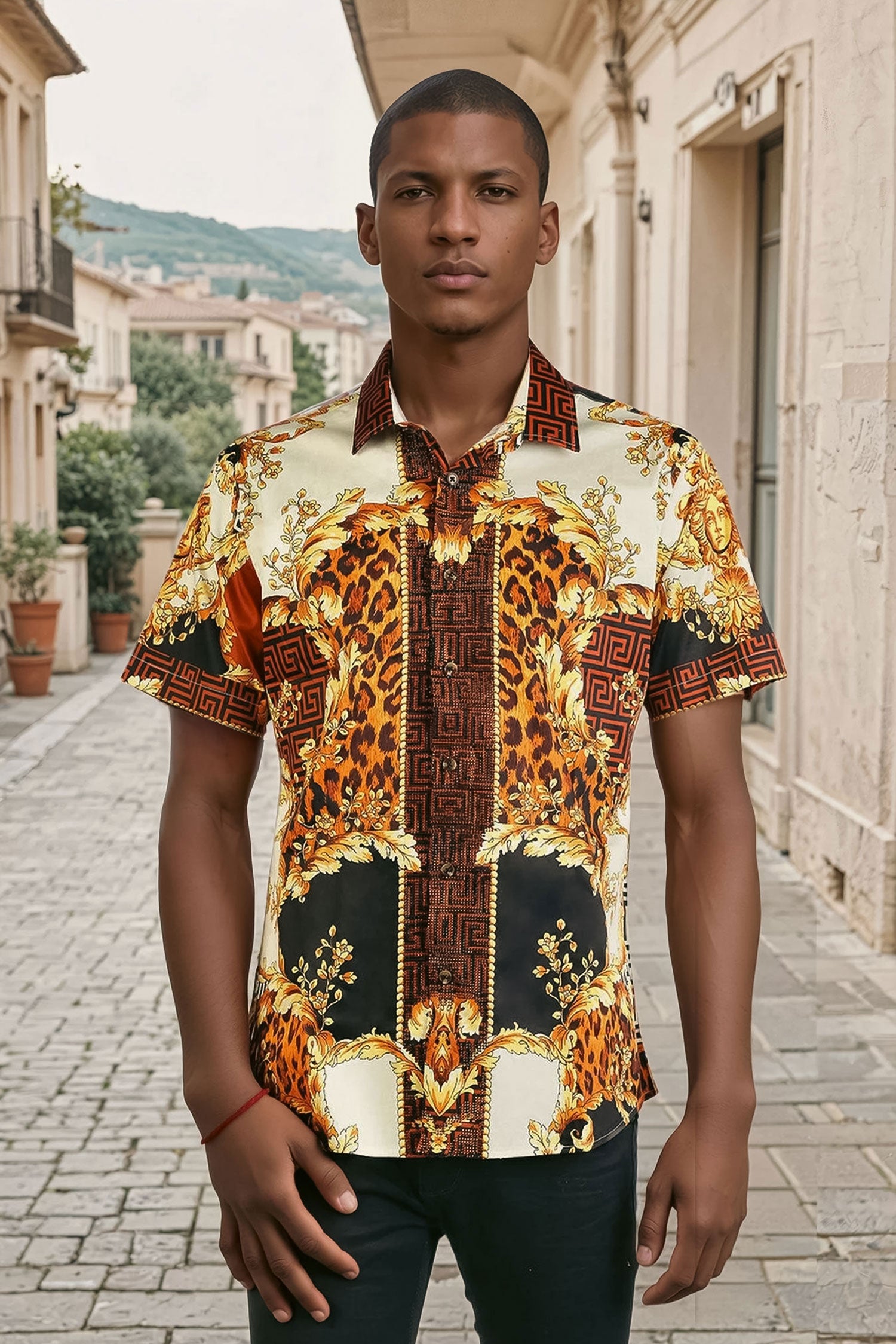BARABAS Men's Floral Greek Pattern Baroque Short Sleeve Shirt SSR01 Gold Black