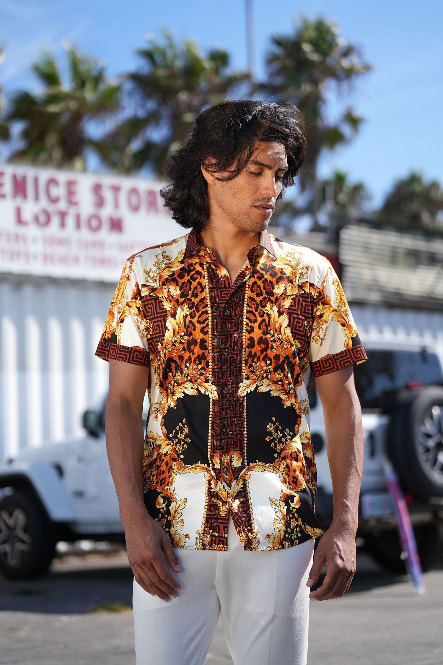 BARABAS Men's Floral Greek Pattern Baroque Short Sleeve Shirt SSR01 gold brown