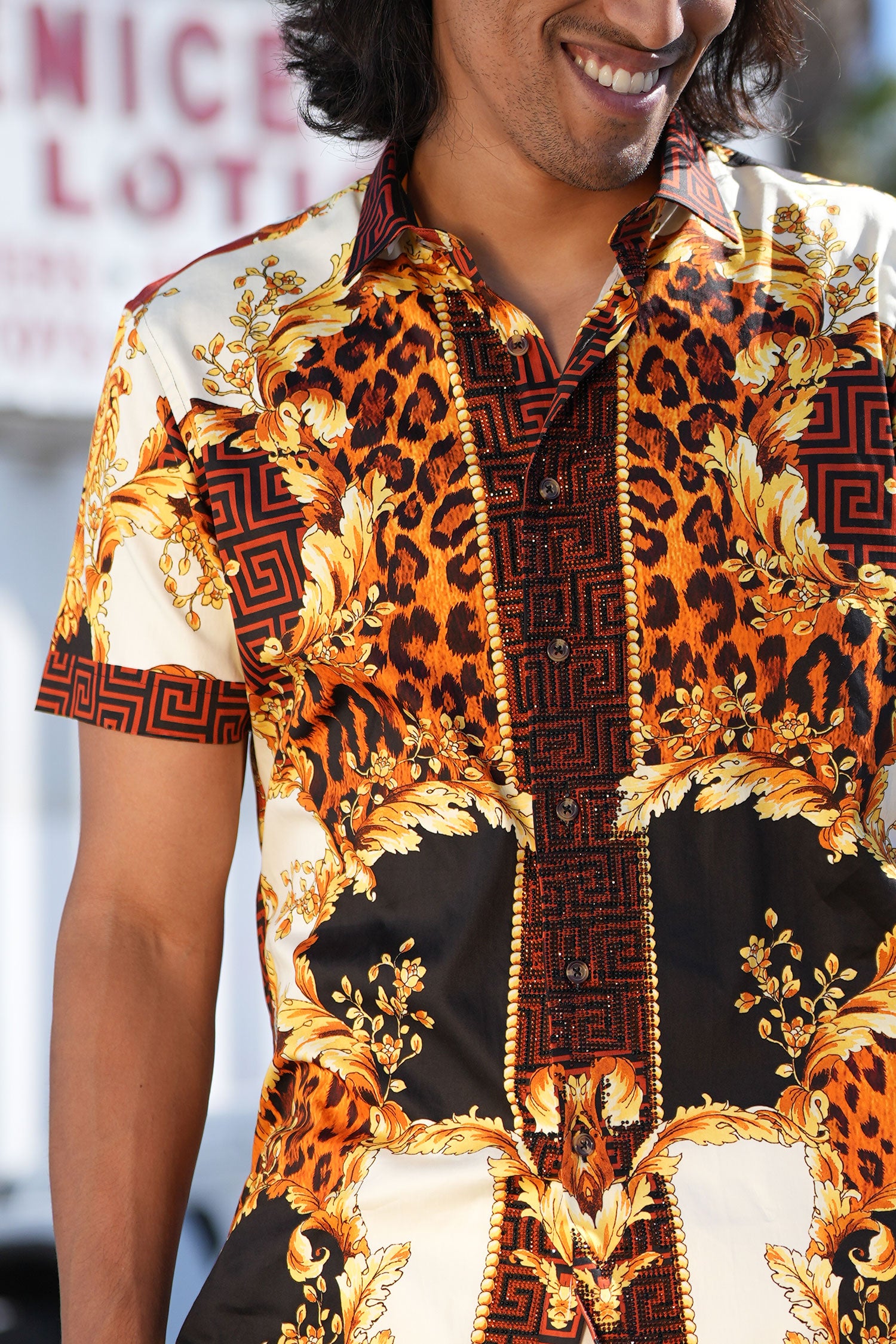 BARABAS Men's Floral Greek Pattern Baroque Short Sleeve Shirt SSR01 gold brown