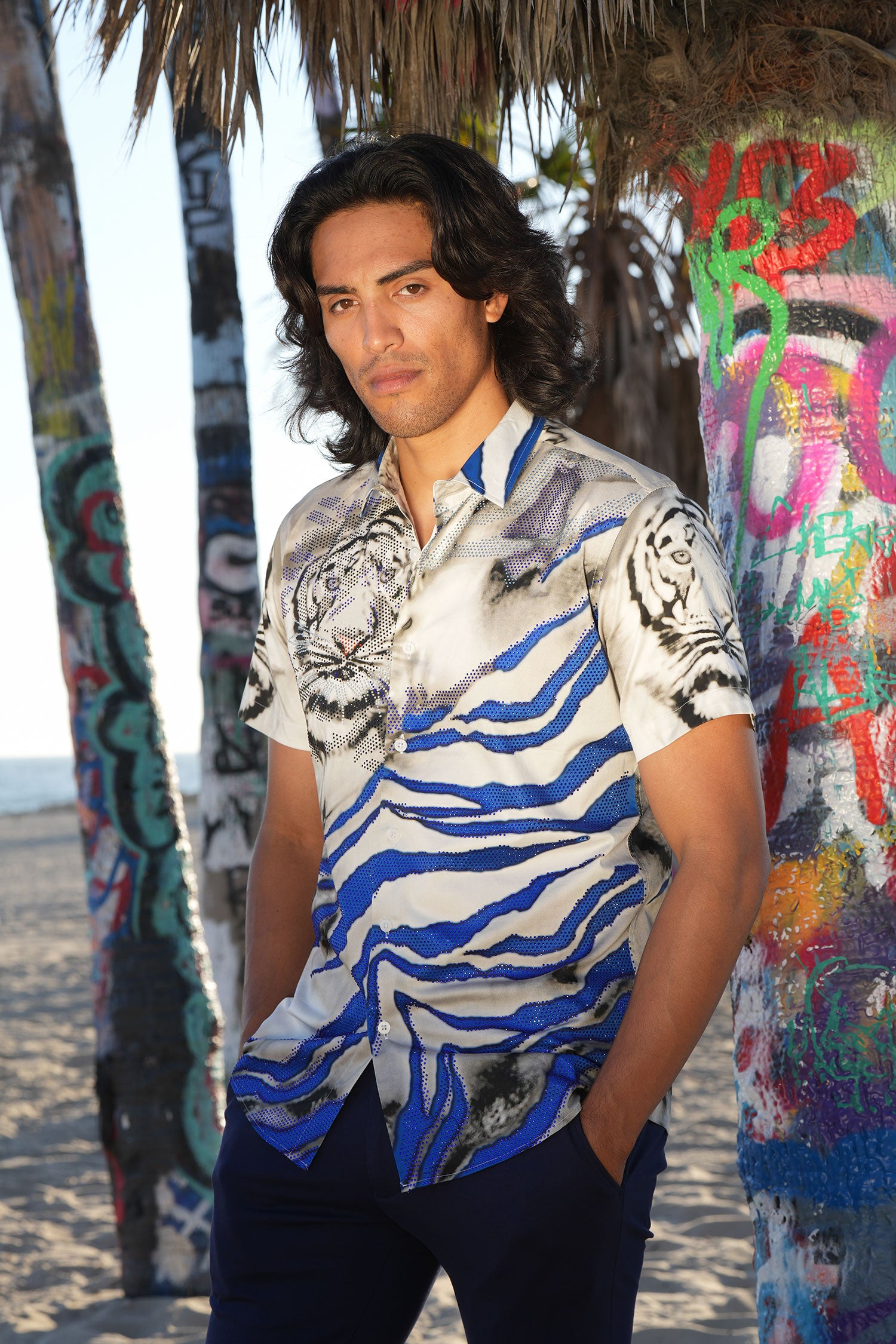 BARABAS Men's Rhinestone Tiger Scratch Short Sleeve Shirt SSR11 Blue