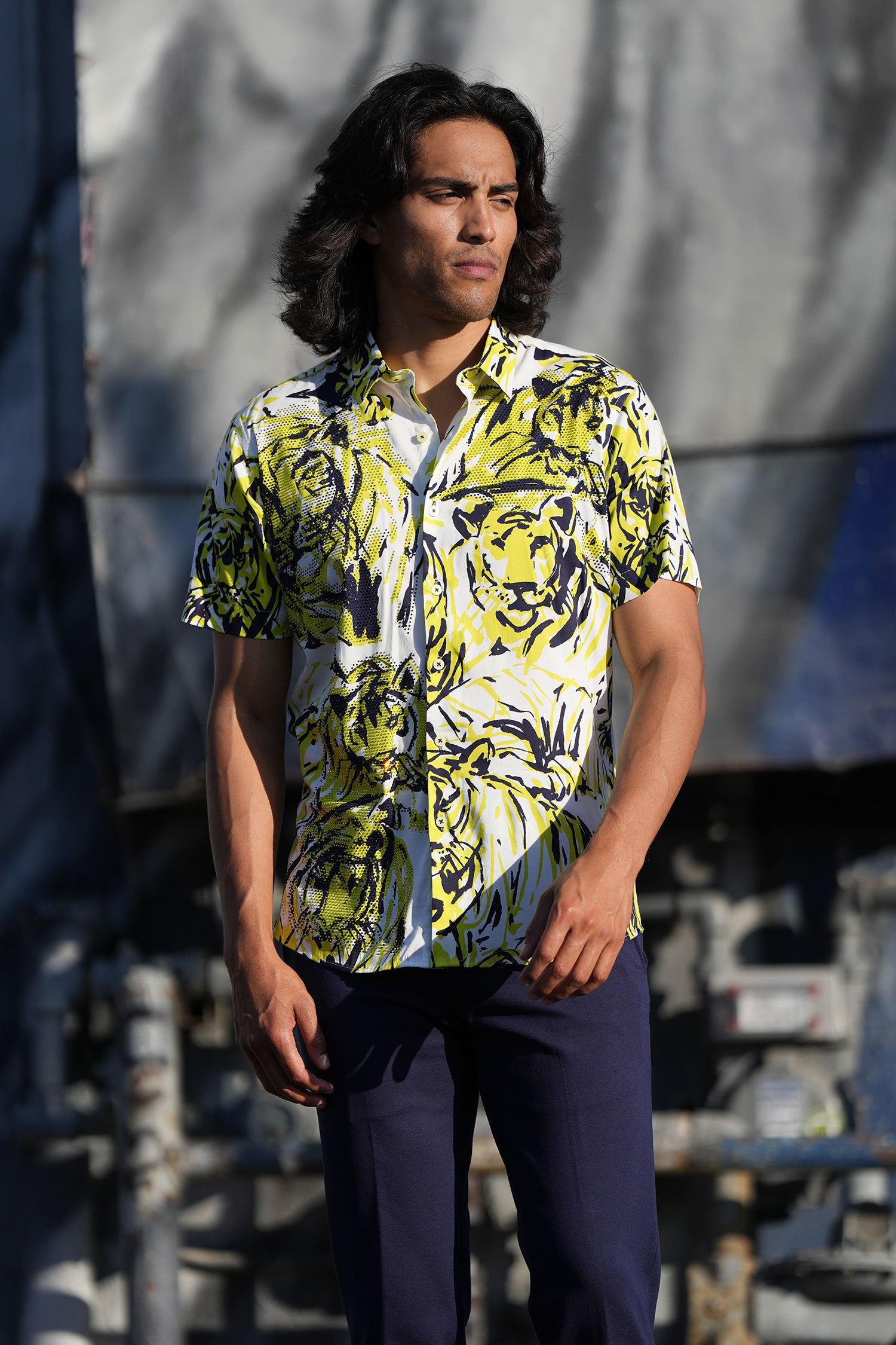 Barabas Men's Lion Printed Rhinestone Short Sleeve Shirt SSR18 Citron
