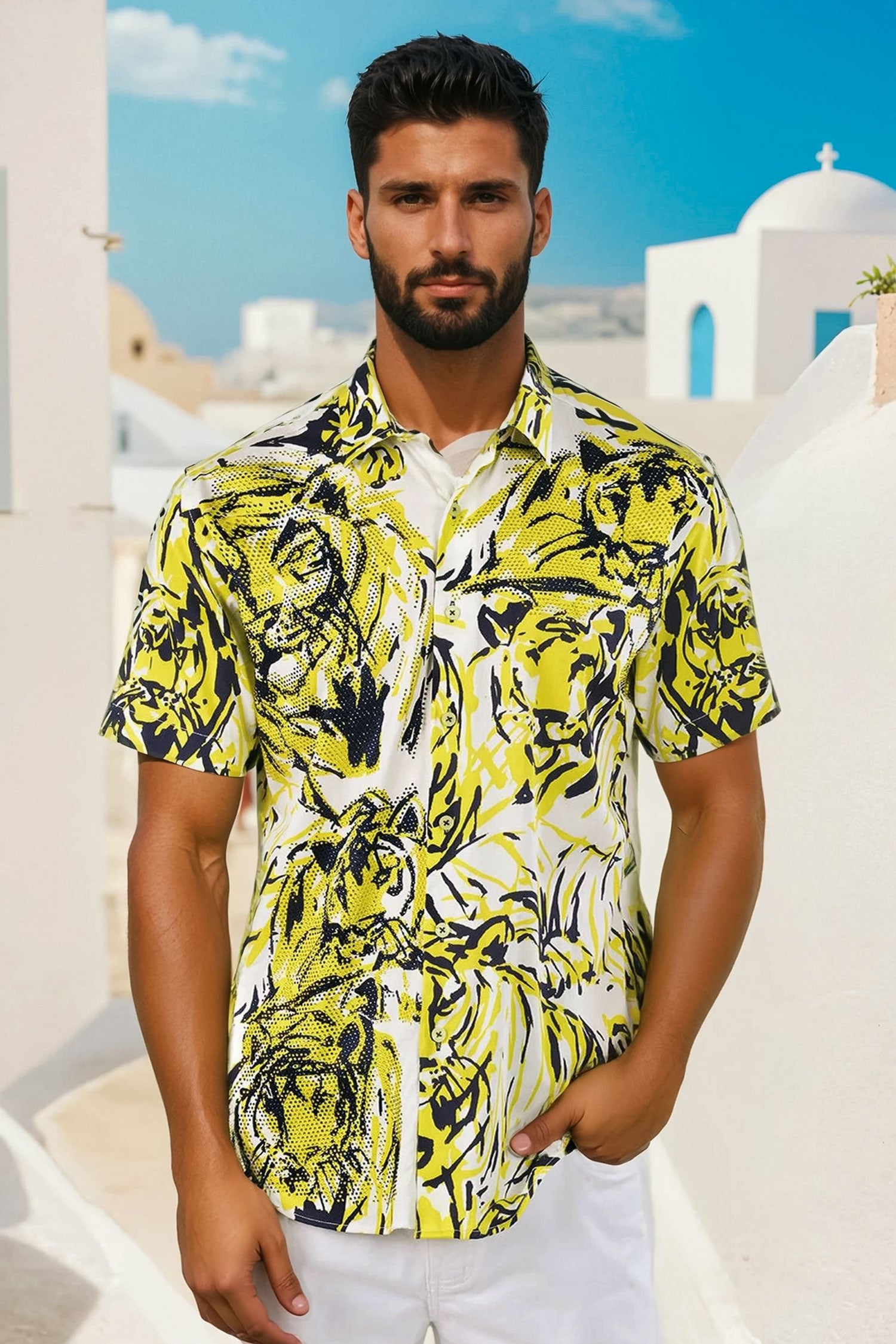 Barabas Men's Lion Printed Rhinestone Short Sleeve Shirt SSR18 Citron