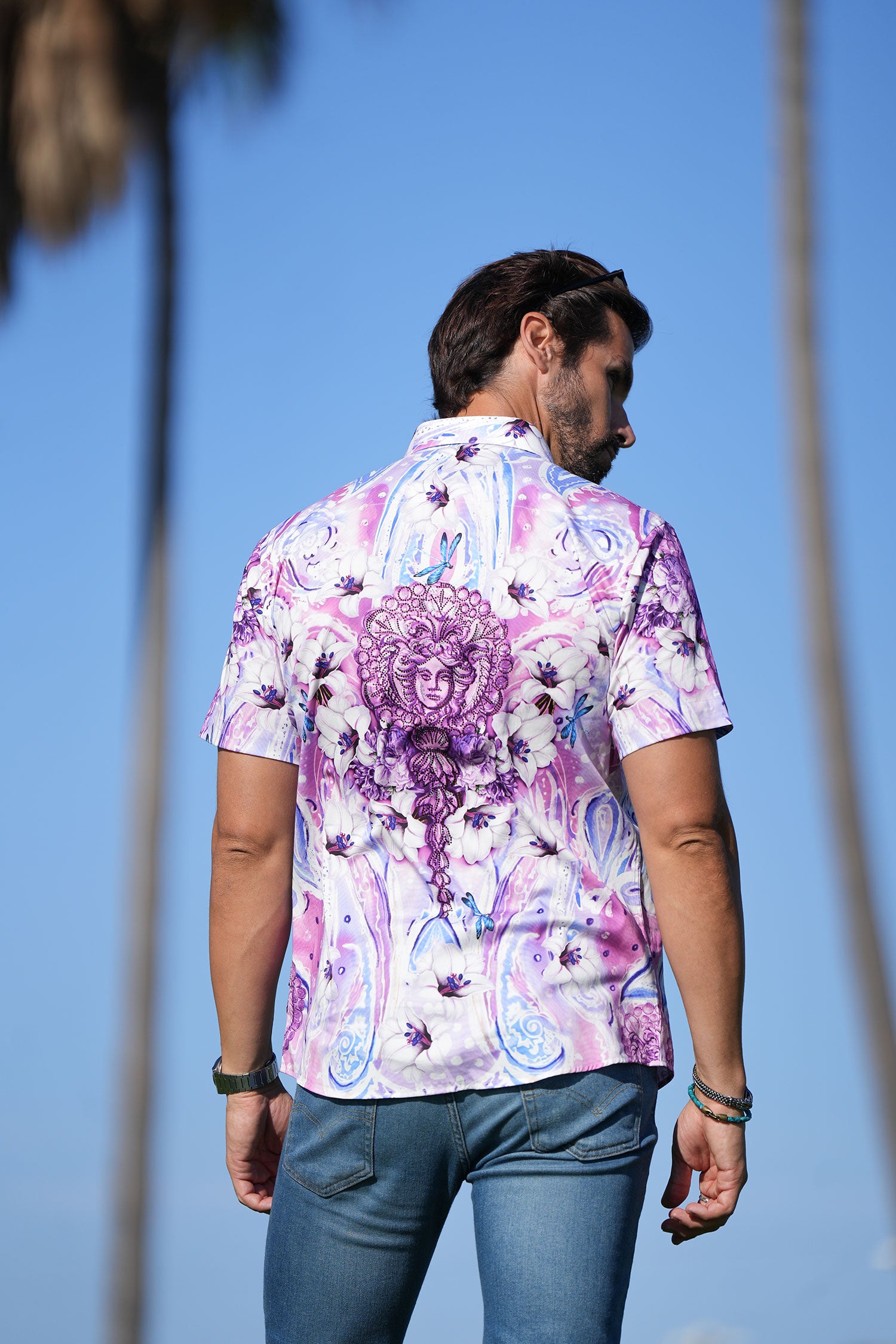 BARABAS Men's medusa paisley rhinestones short sleeve shirt SSR19