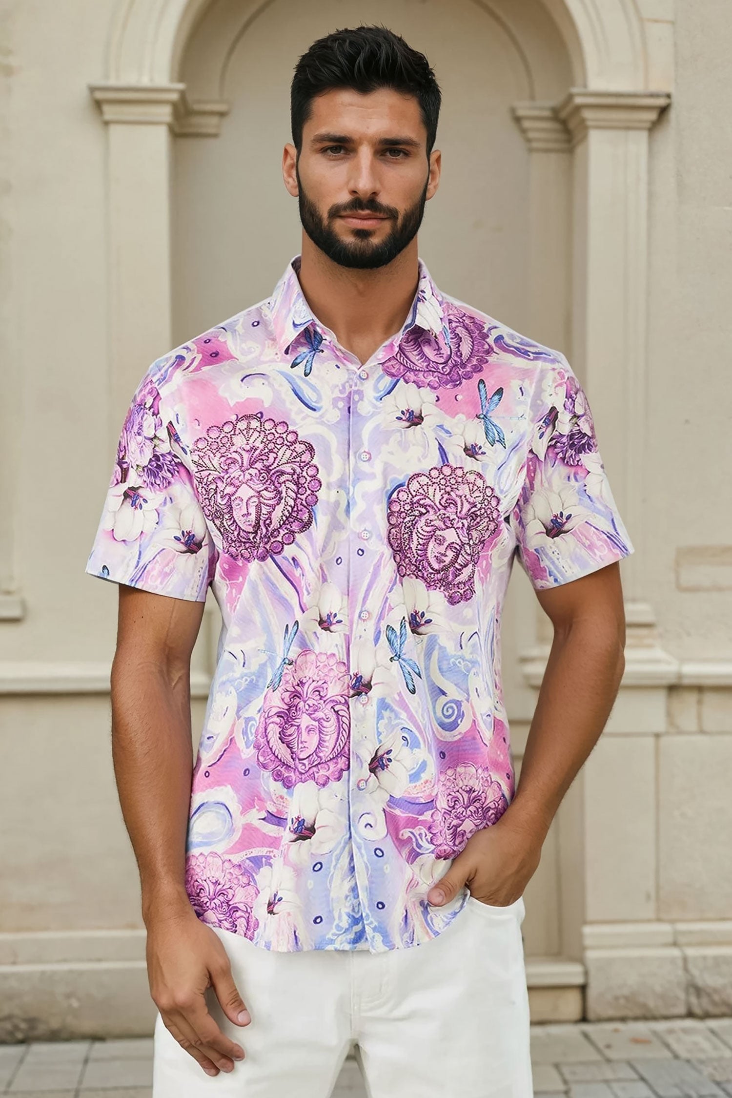 BARABAS Men's medusa paisley rhinestones graphic short sleeve shirt SSR19 purple