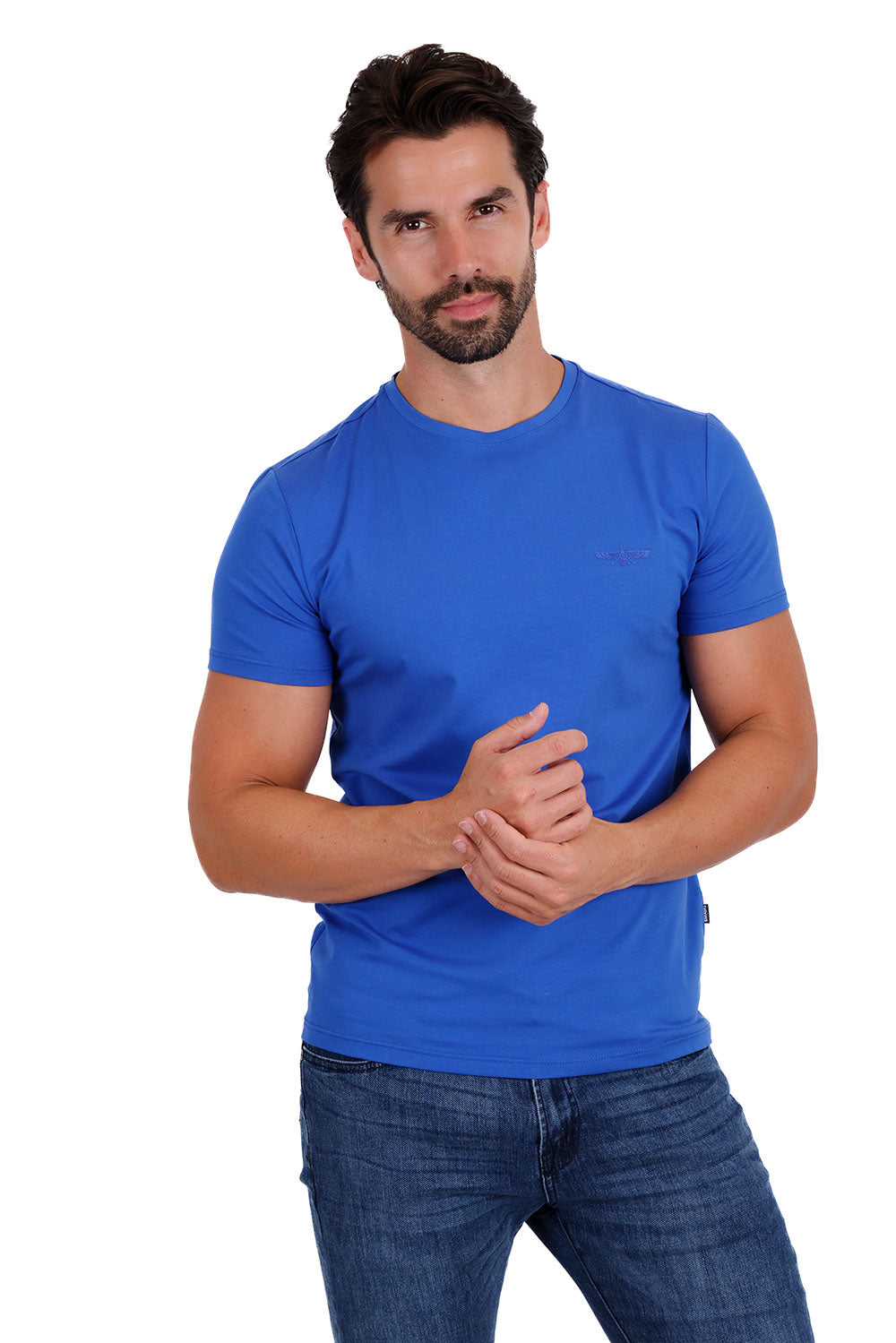 BARABAS Men's Basic Solid Color Crew-neck T-shirts ST933 Mykonos Blue