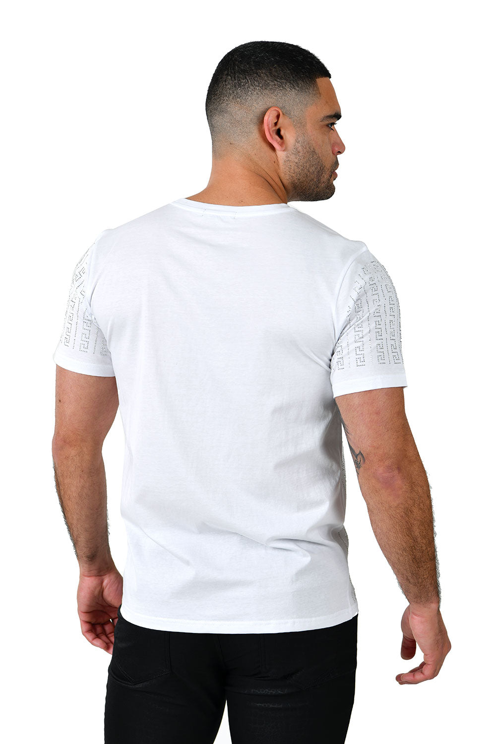 Barabas Men's Crew Neck Greek Key Rhinestone T-shirts ST937 White