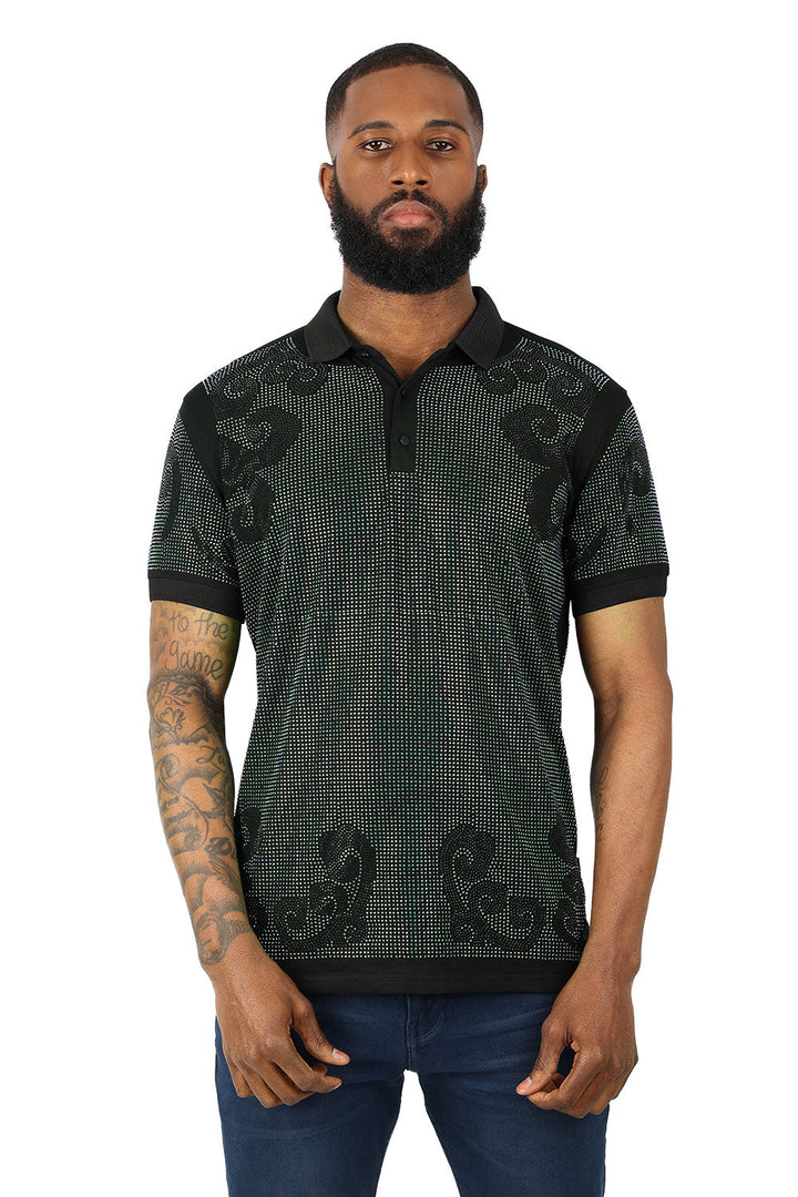 Barabas Men's Rhinestone Floral Oriental Pattern Polo Shirt ST944 Black