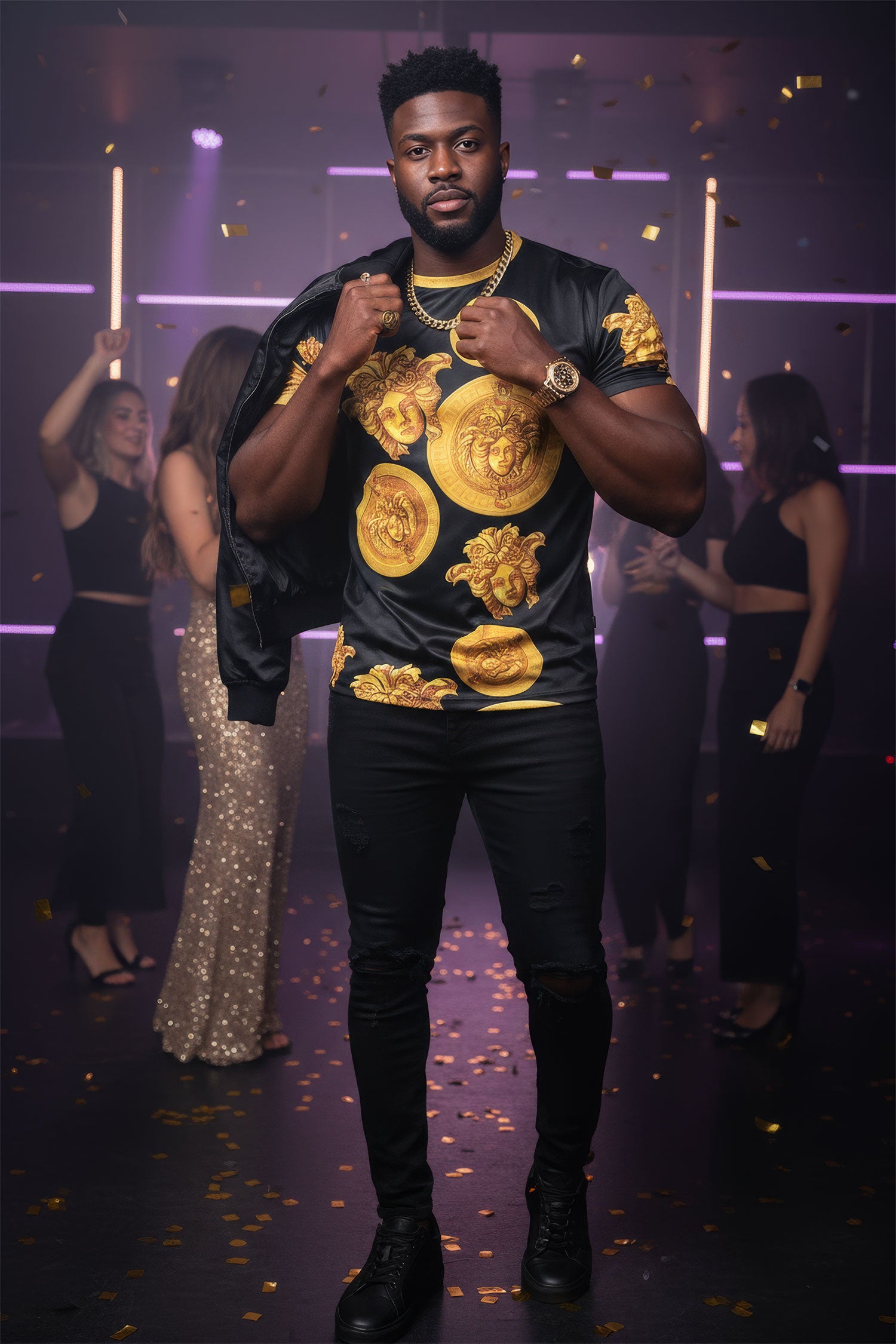 Barabas men's Medusa Greek Key Pattern Crew Neck T-Shirt STP3005 Black Gold