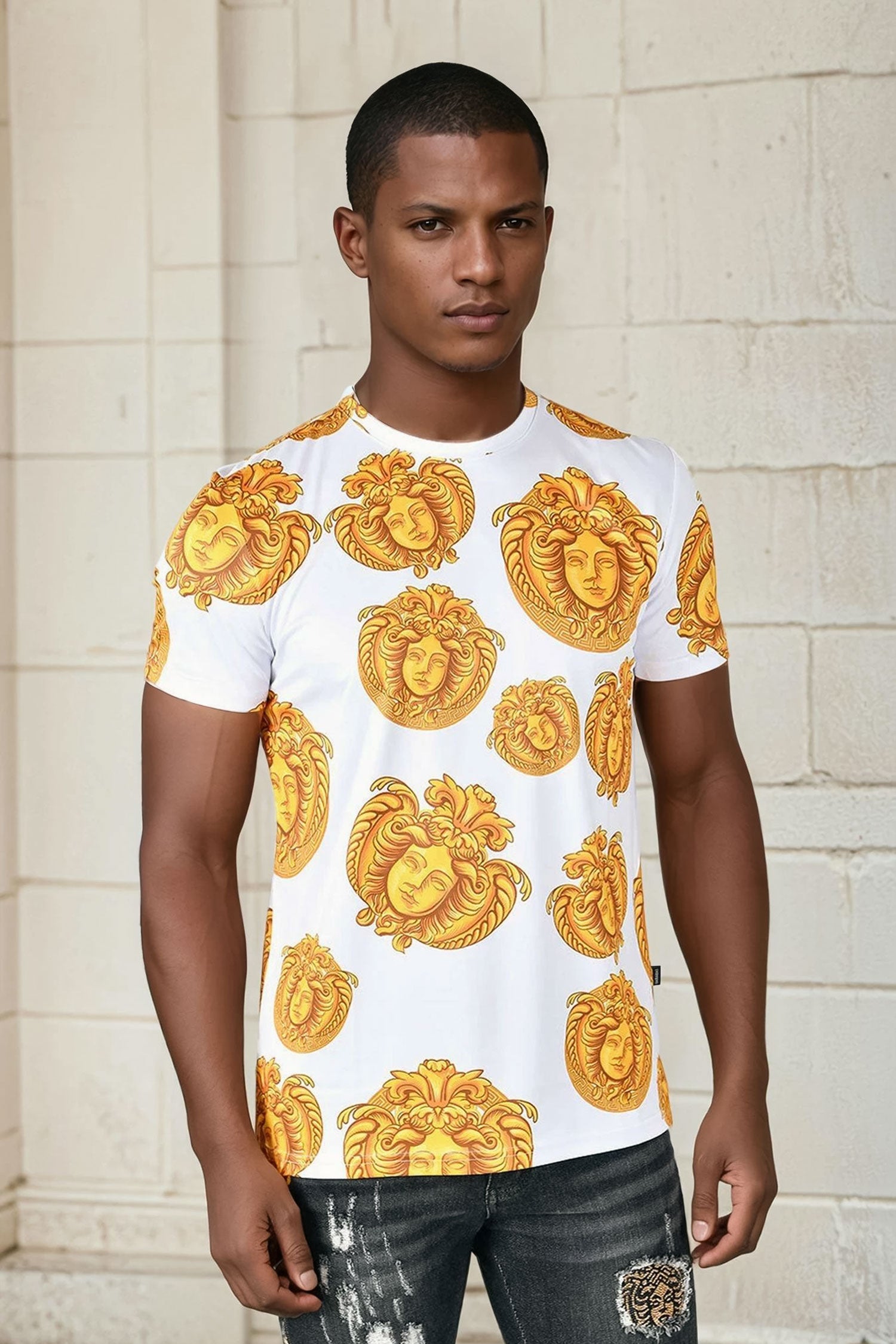 Barabas men's Medusa Greek Key Pattern Crew Neck T-Shirt STP3005 White Gold