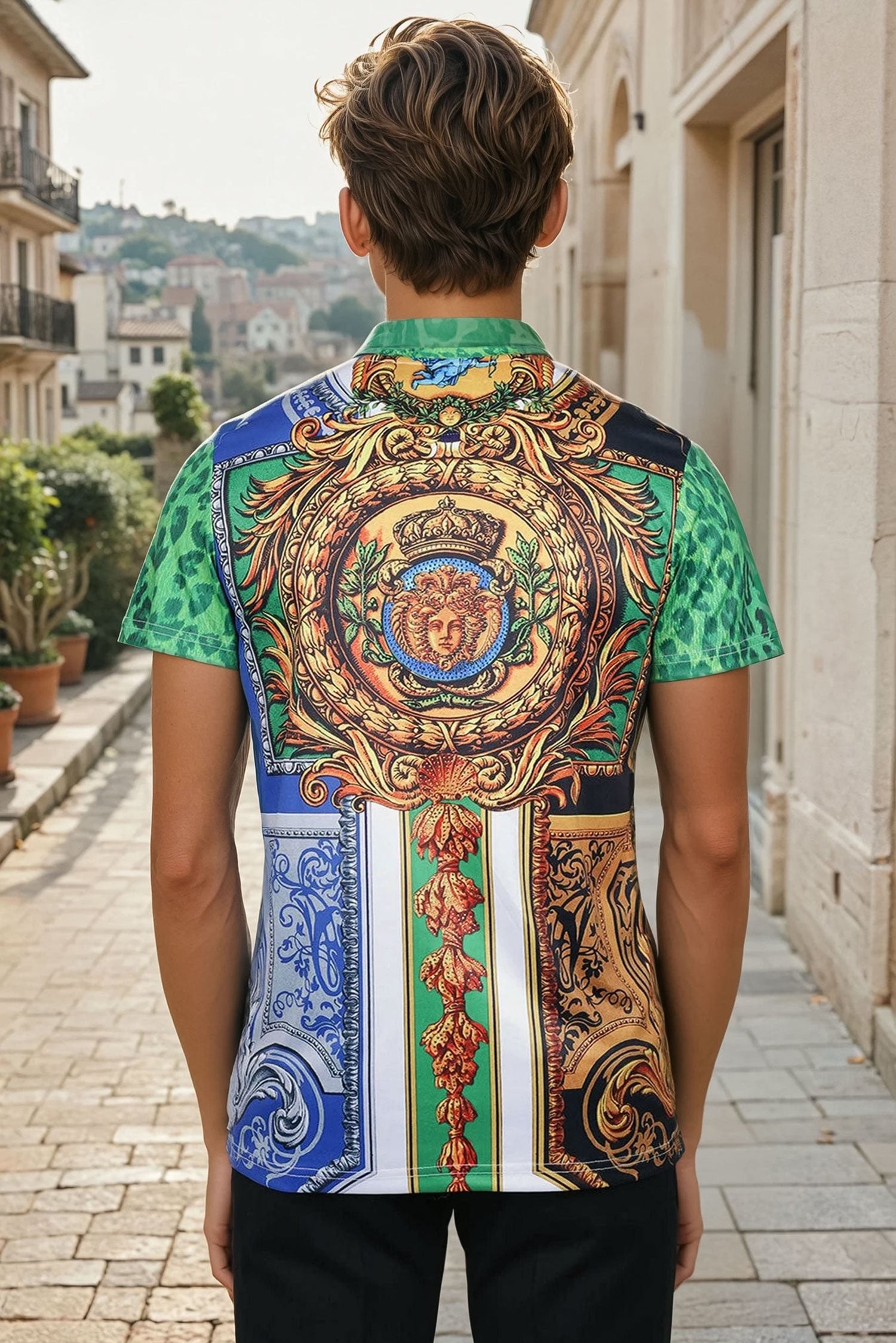 Barabas Men's Multi Color Rhinestone Medusa Floral T-shirts STP3006