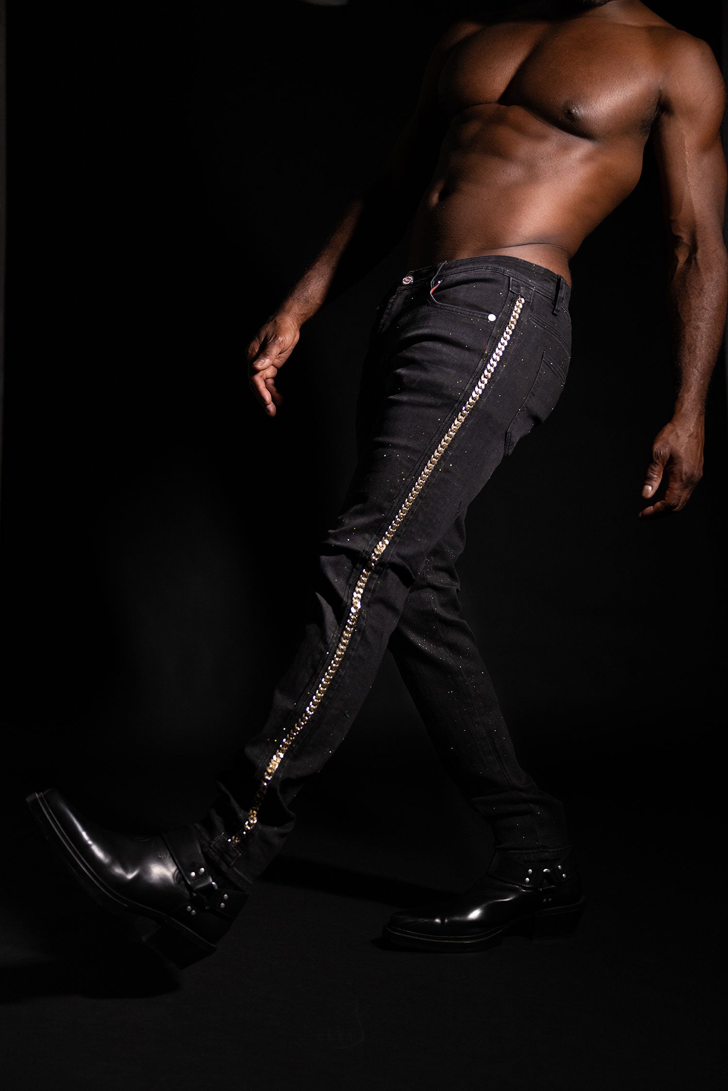 Barabas Men's Sparkly Glittery Chain Design Denim Jeans SN8855 Black